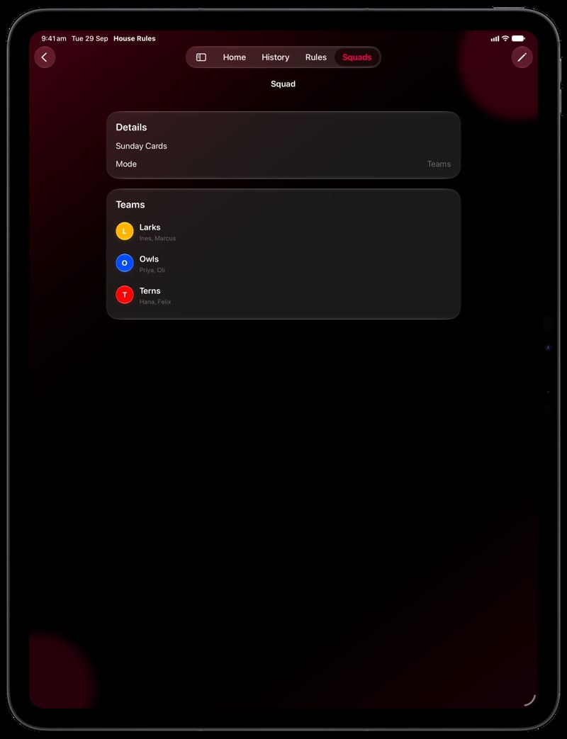 House Rules on iPad Pro 13-inch showing Your Squad in the Pink tint, dark appearance.