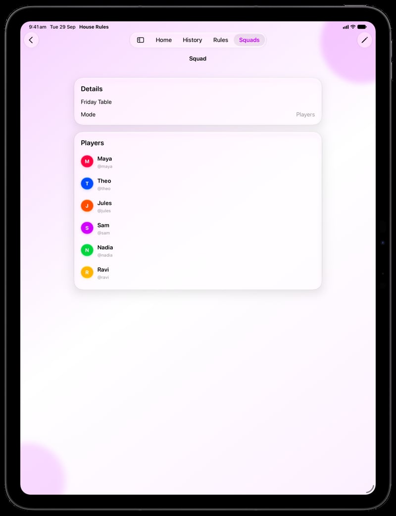House Rules on iPad Pro 13-inch showing Your Squad in the Purple tint, light appearance.