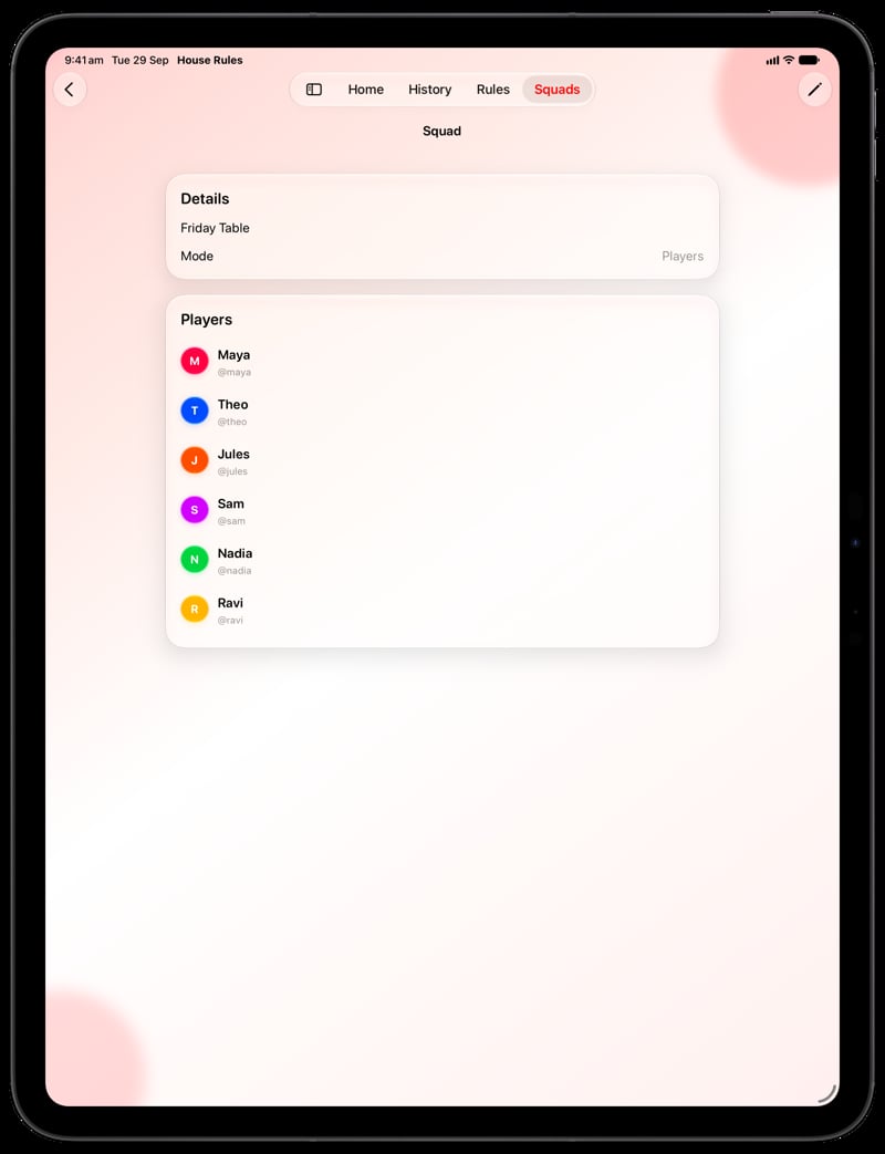 House Rules on iPad Pro 13-inch showing Your Squad in the Red tint, light appearance.