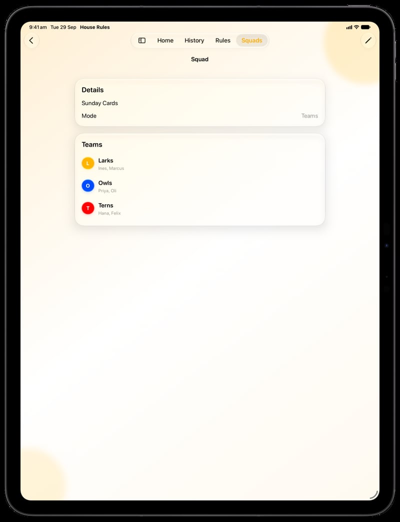 House Rules on iPad Pro 13-inch showing Your Squad in the Yellow tint, light appearance.