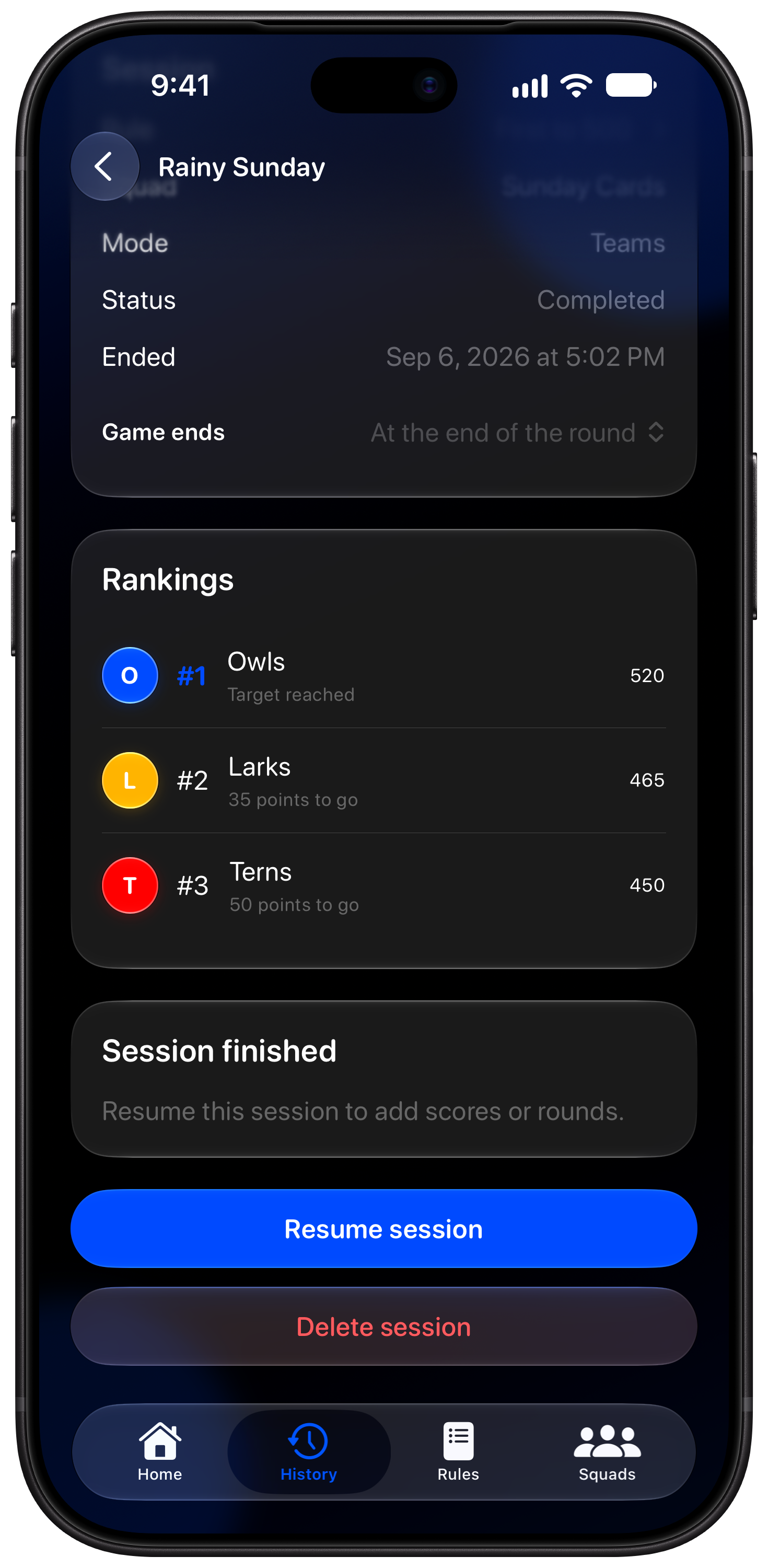 House Rules on iPhone 18 Pro Max showing History in the Blue tint, dark appearance.