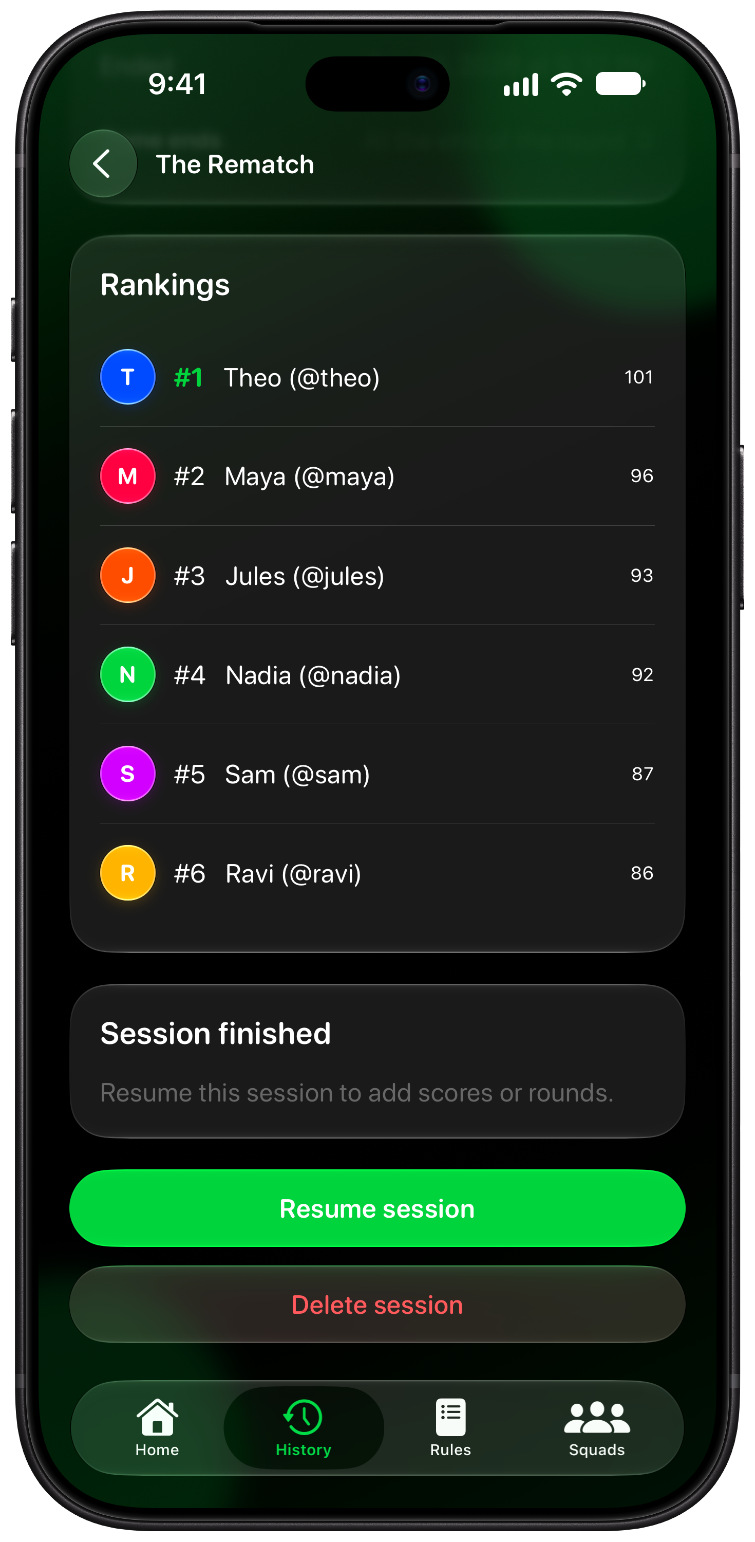 House Rules on iPhone 18 Pro Max showing History in the Green tint, dark appearance.