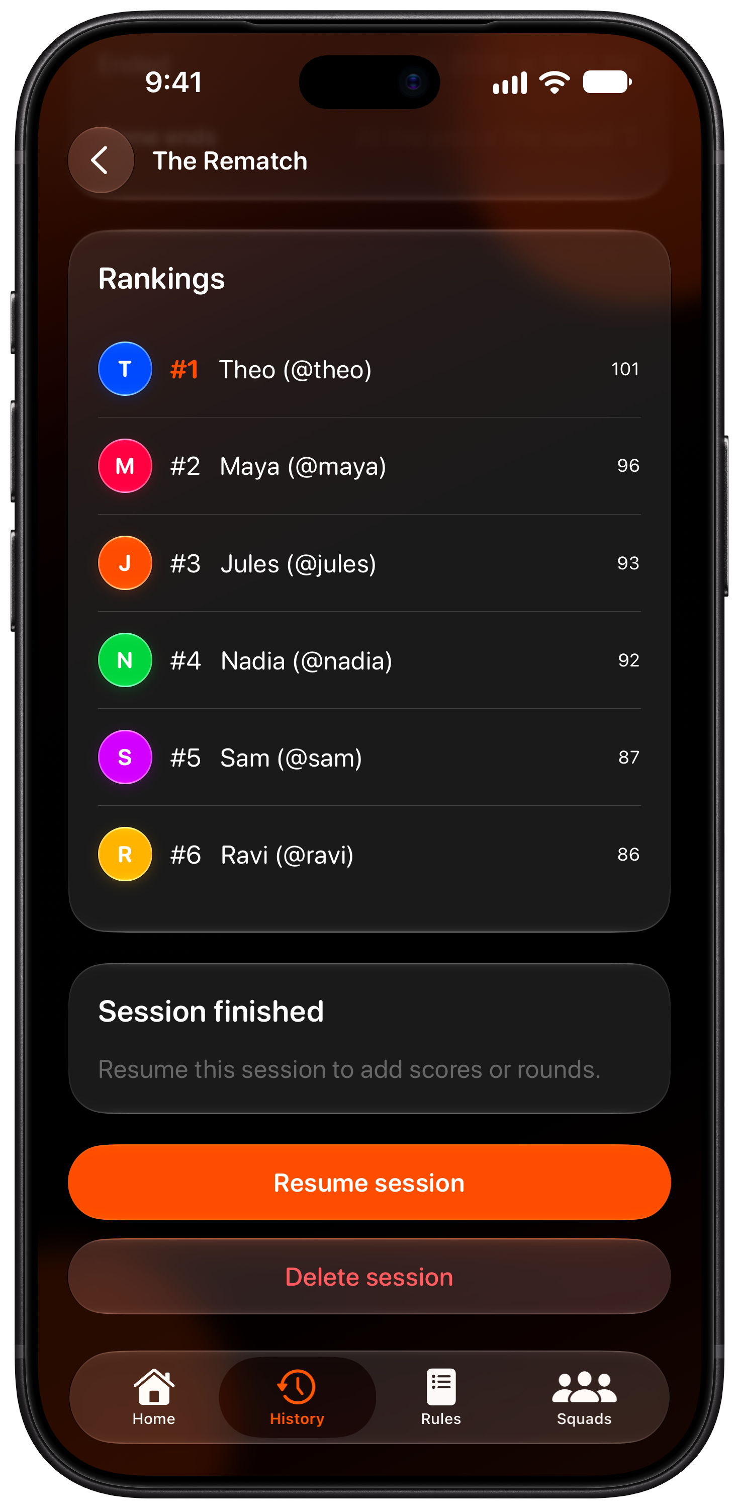 House Rules on iPhone 18 Pro Max showing History in the Orange tint, dark appearance.