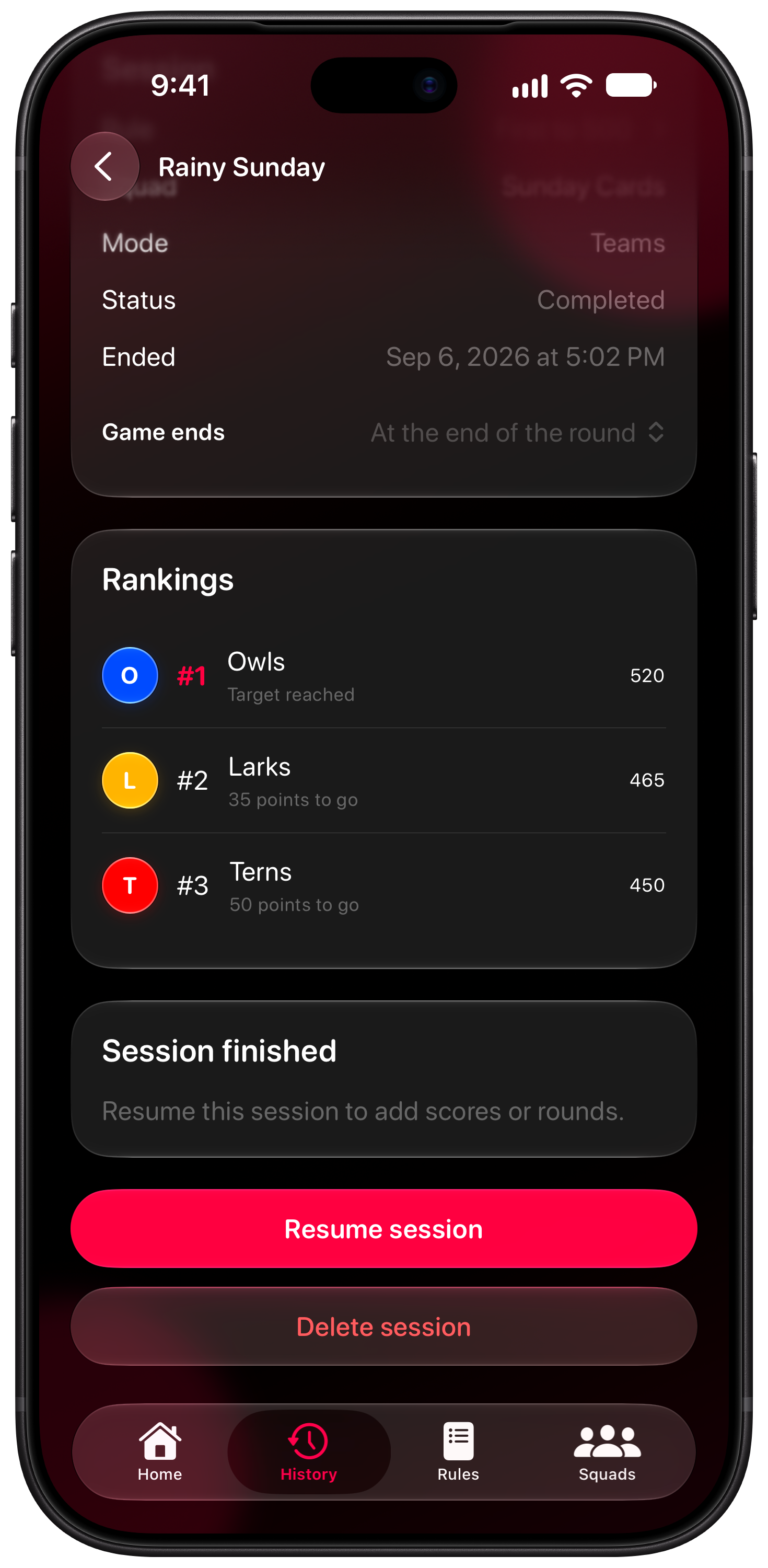 House Rules on iPhone 18 Pro Max showing History in the Pink tint, dark appearance.