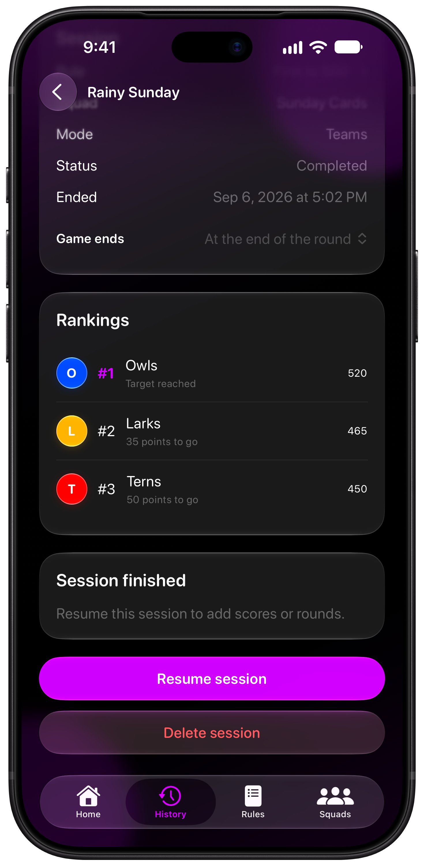 House Rules on iPhone 18 Pro Max showing History in the Purple tint, dark appearance.