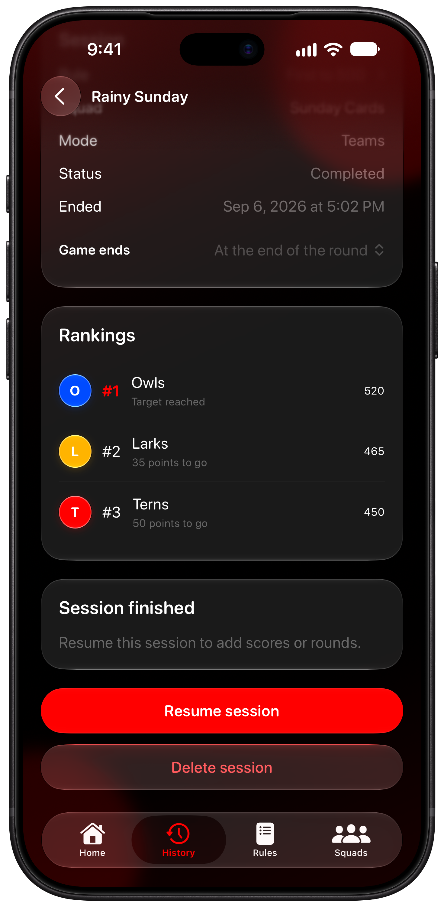 House Rules on iPhone 18 Pro Max showing History in the Red tint, dark appearance.