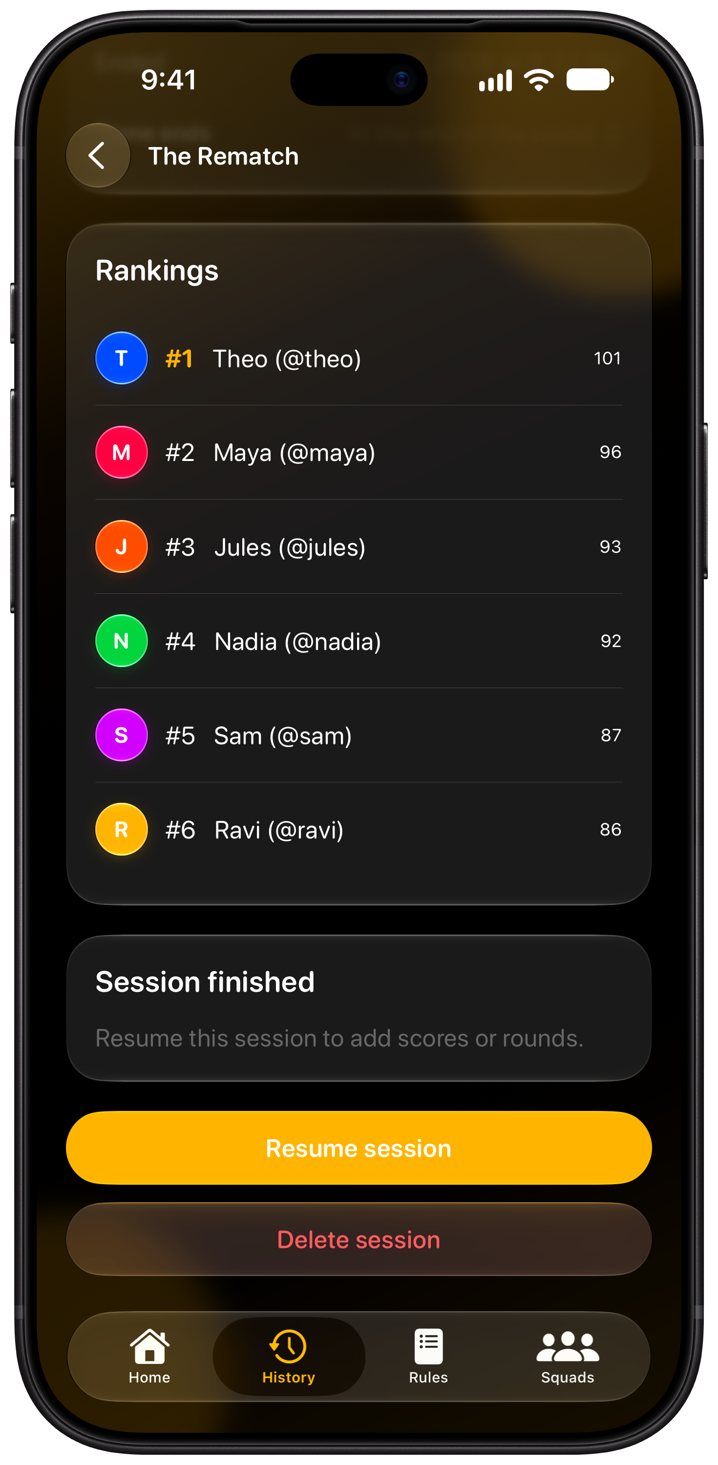 House Rules on iPhone 18 Pro Max showing History in the Yellow tint, dark appearance.