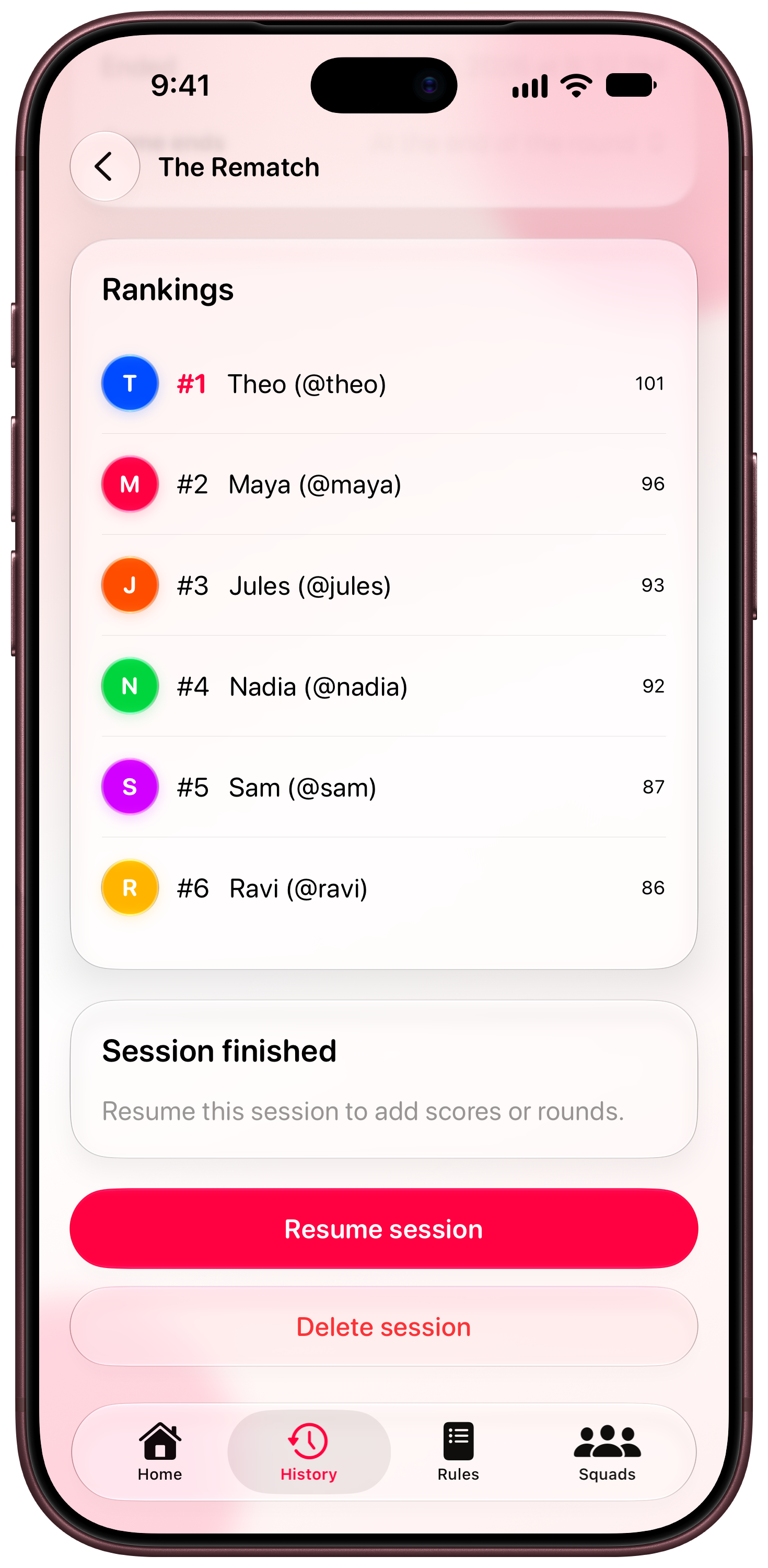 House Rules on iPhone 18 Pro Max showing History in the Pink tint, light appearance.