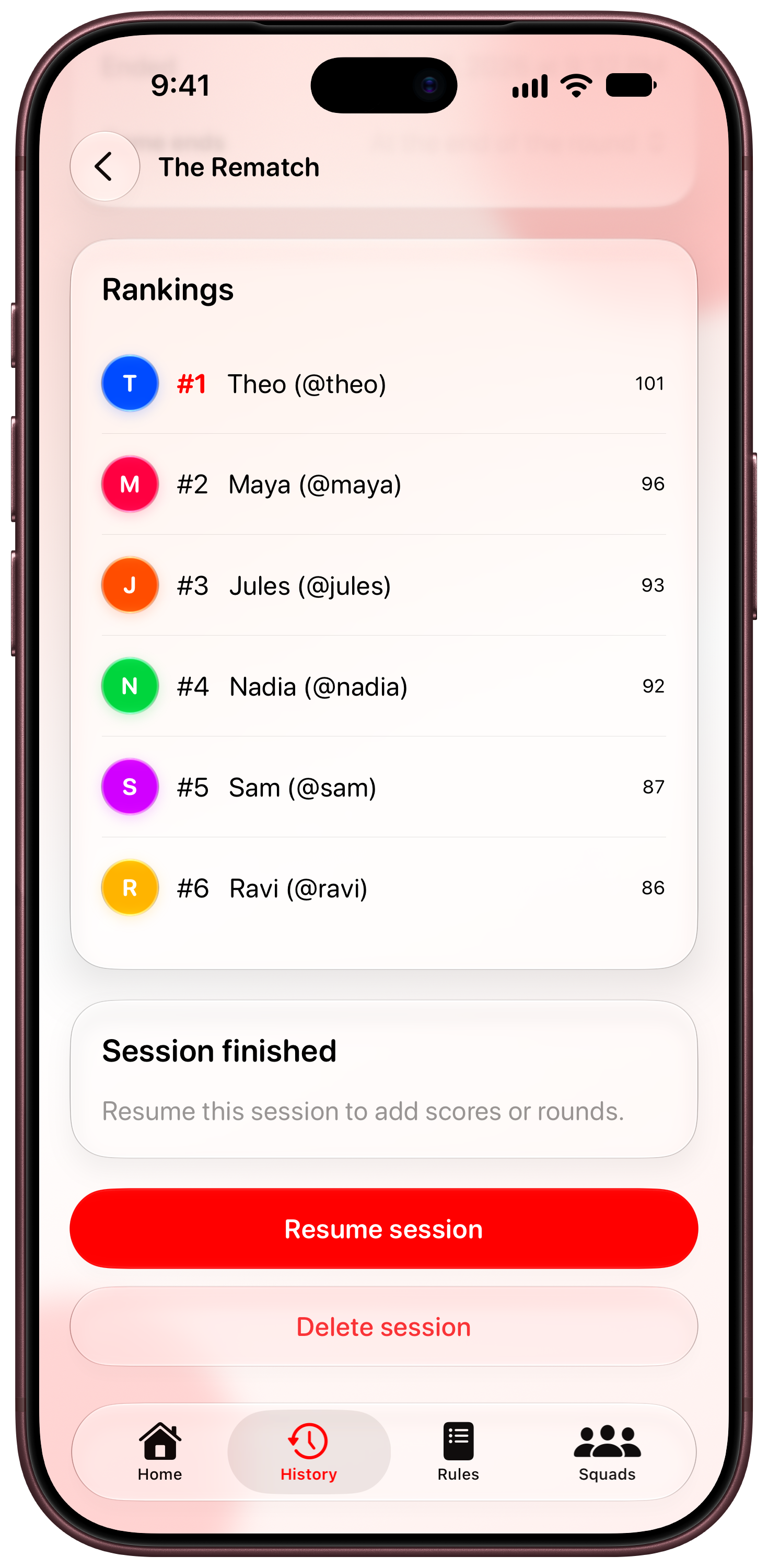 House Rules on iPhone 18 Pro Max showing History in the Red tint, light appearance.