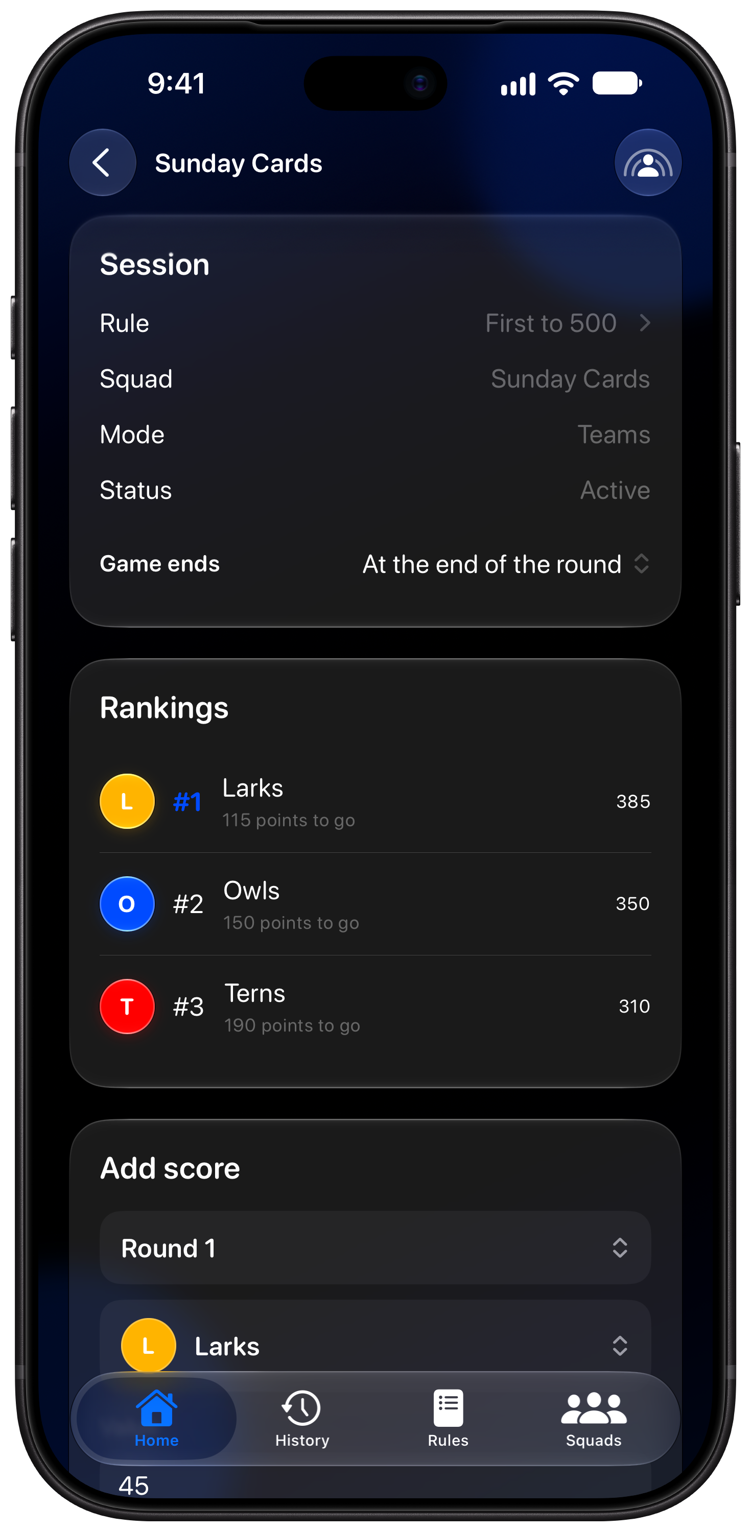 House Rules on iPhone 18 Pro Max showing Keep Score in the Blue tint, dark appearance.