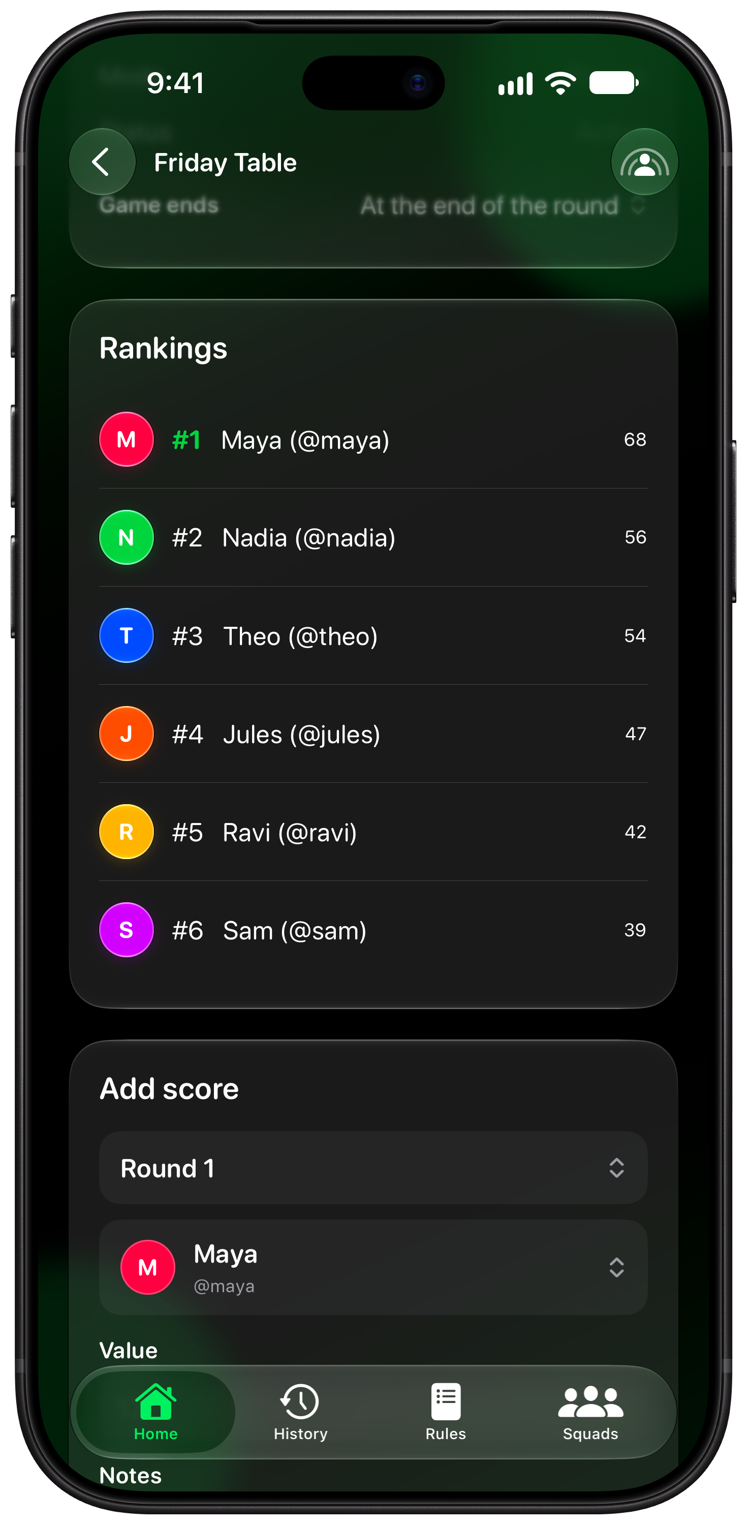 House Rules on iPhone 18 Pro Max showing Keep Score in the Green tint, dark appearance.