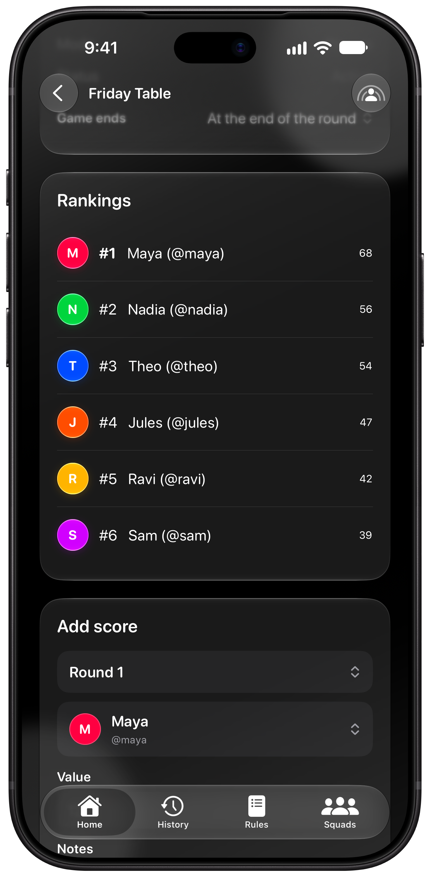 House Rules on iPhone 18 Pro Max showing Keep Score in the Grey tint, dark appearance.