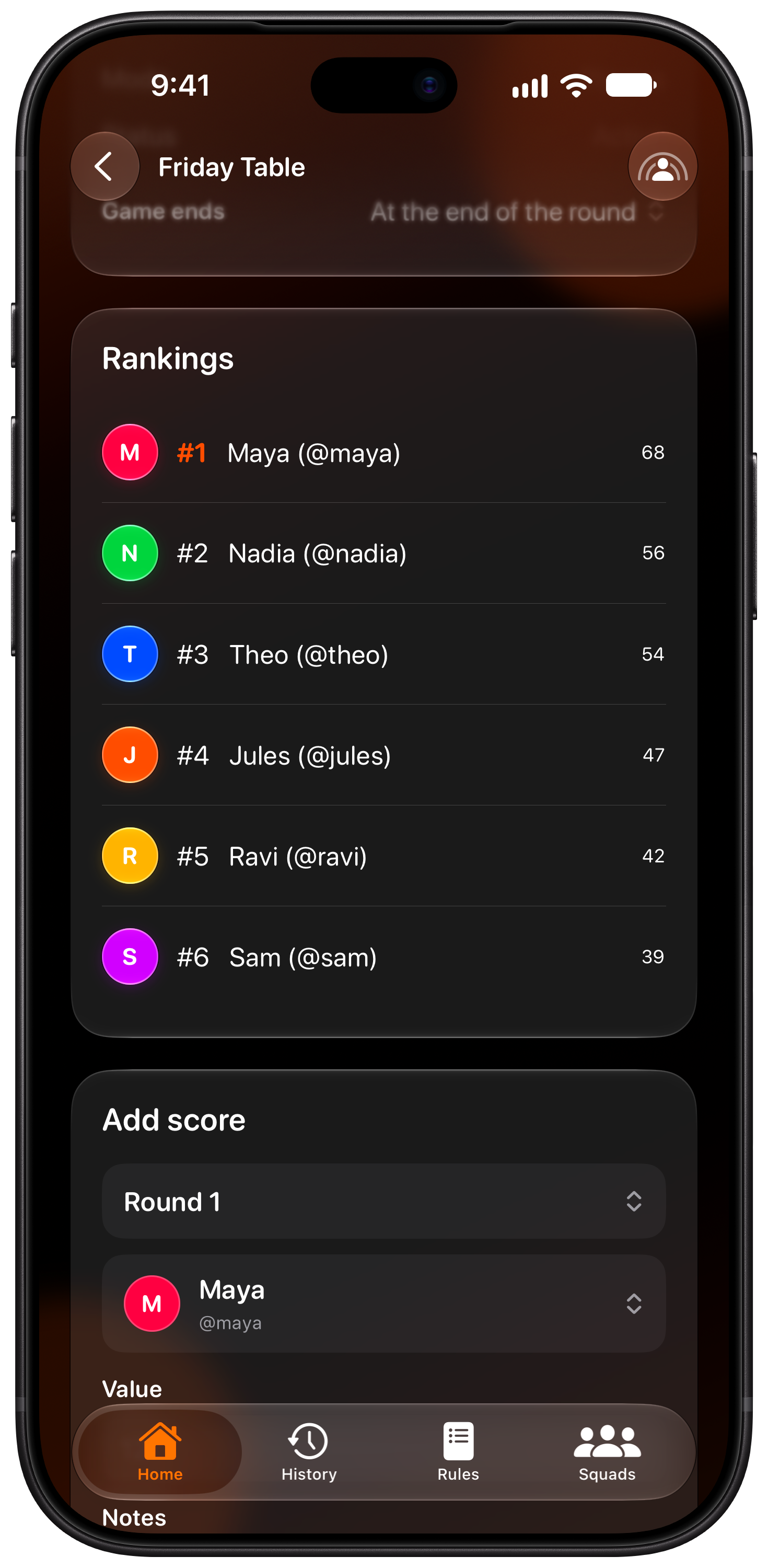 House Rules on iPhone 18 Pro Max showing Keep Score in the Orange tint, dark appearance.