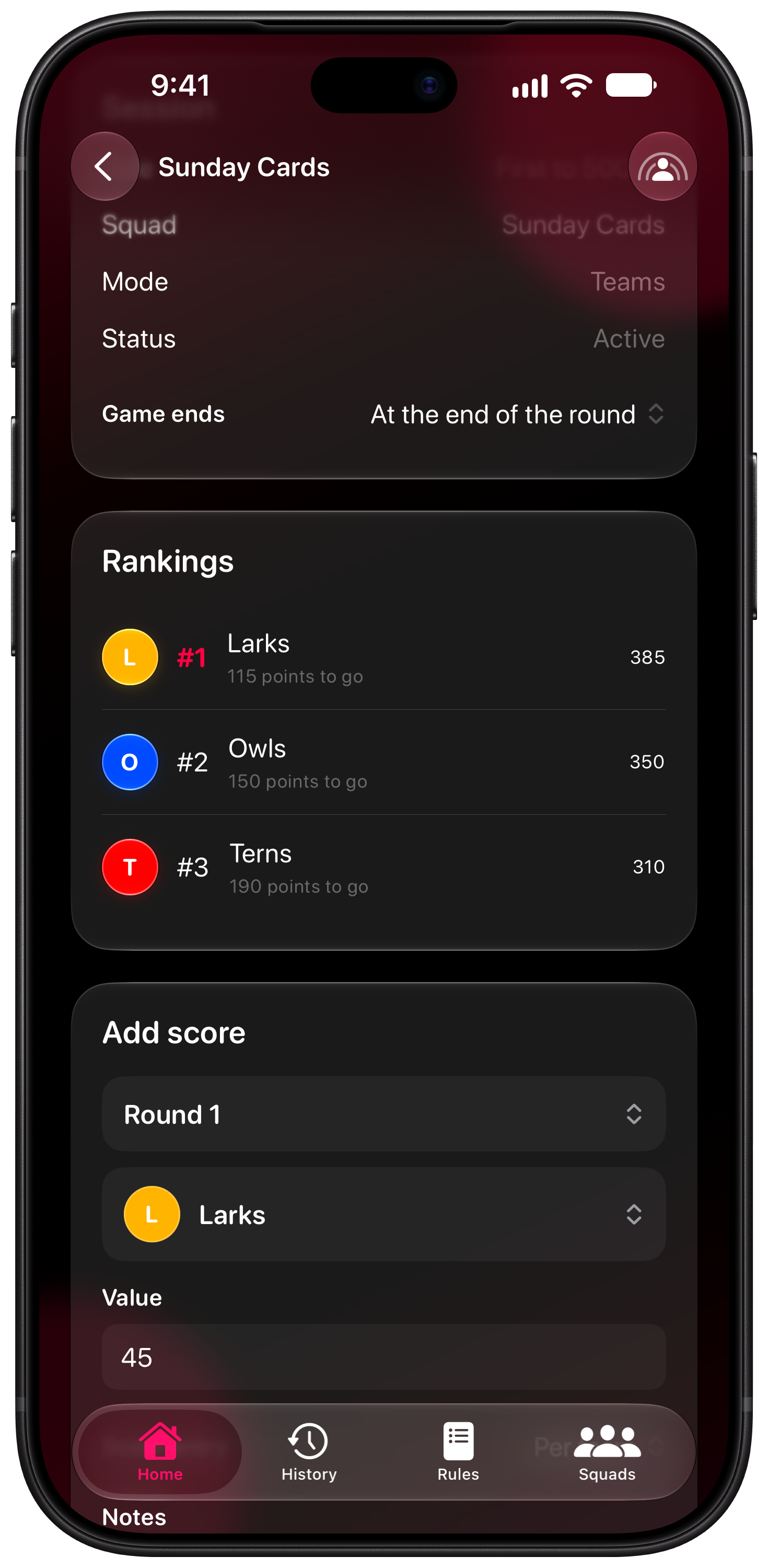 House Rules on iPhone 18 Pro Max showing Keep Score in the Pink tint, dark appearance.