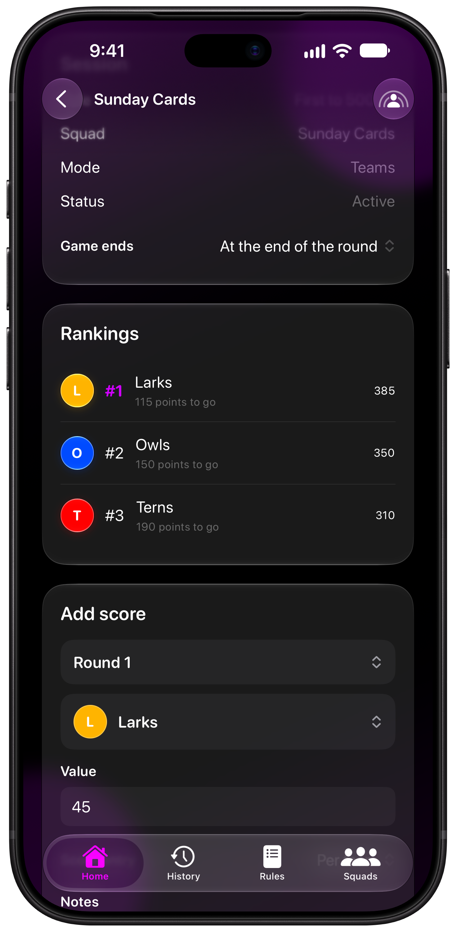 House Rules on iPhone 18 Pro Max showing Keep Score in the Purple tint, dark appearance.