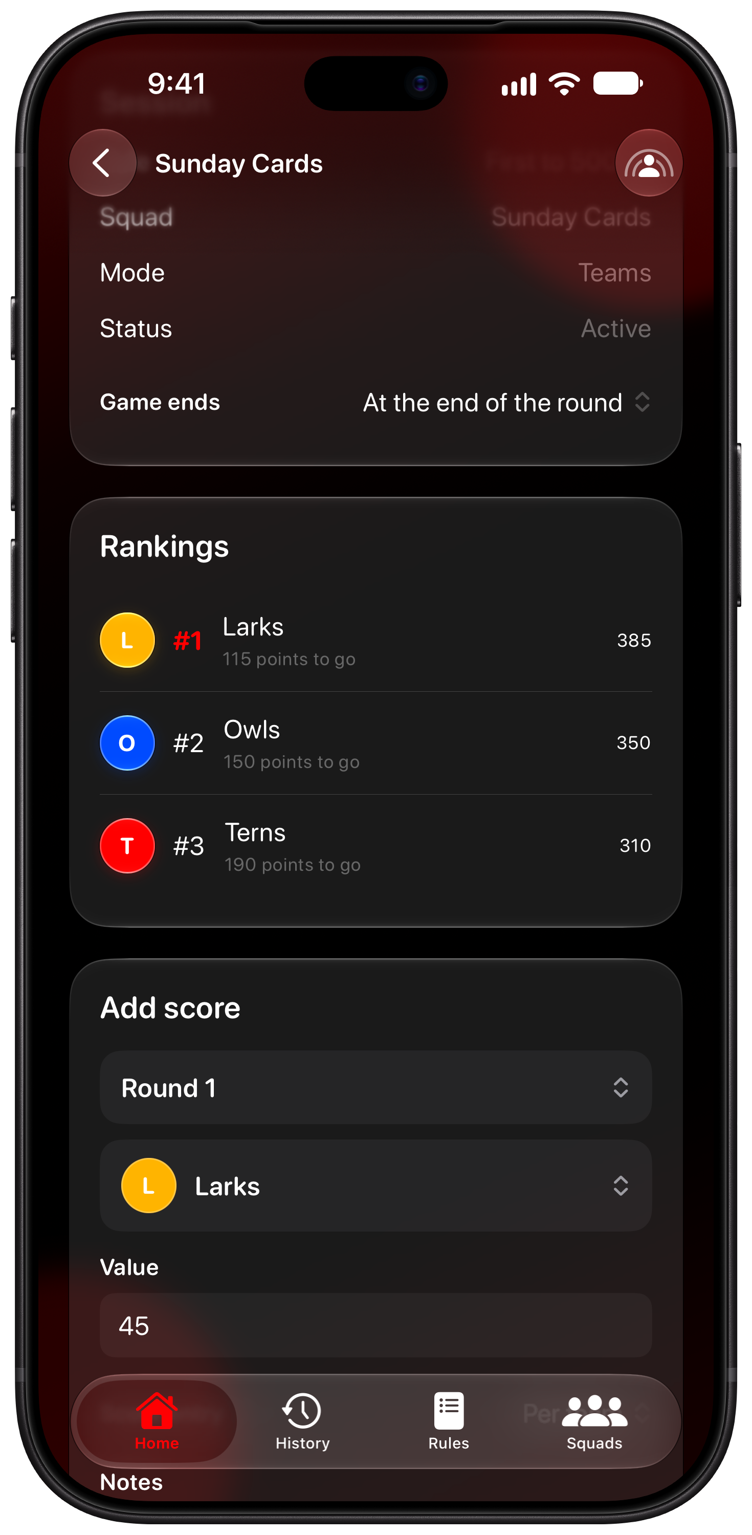 House Rules on iPhone 18 Pro Max showing Keep Score in the Red tint, dark appearance.