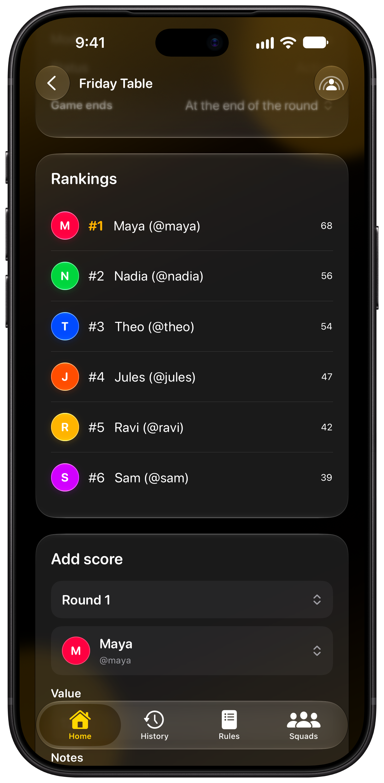 House Rules on iPhone 18 Pro Max showing Keep Score in the Yellow tint, dark appearance.