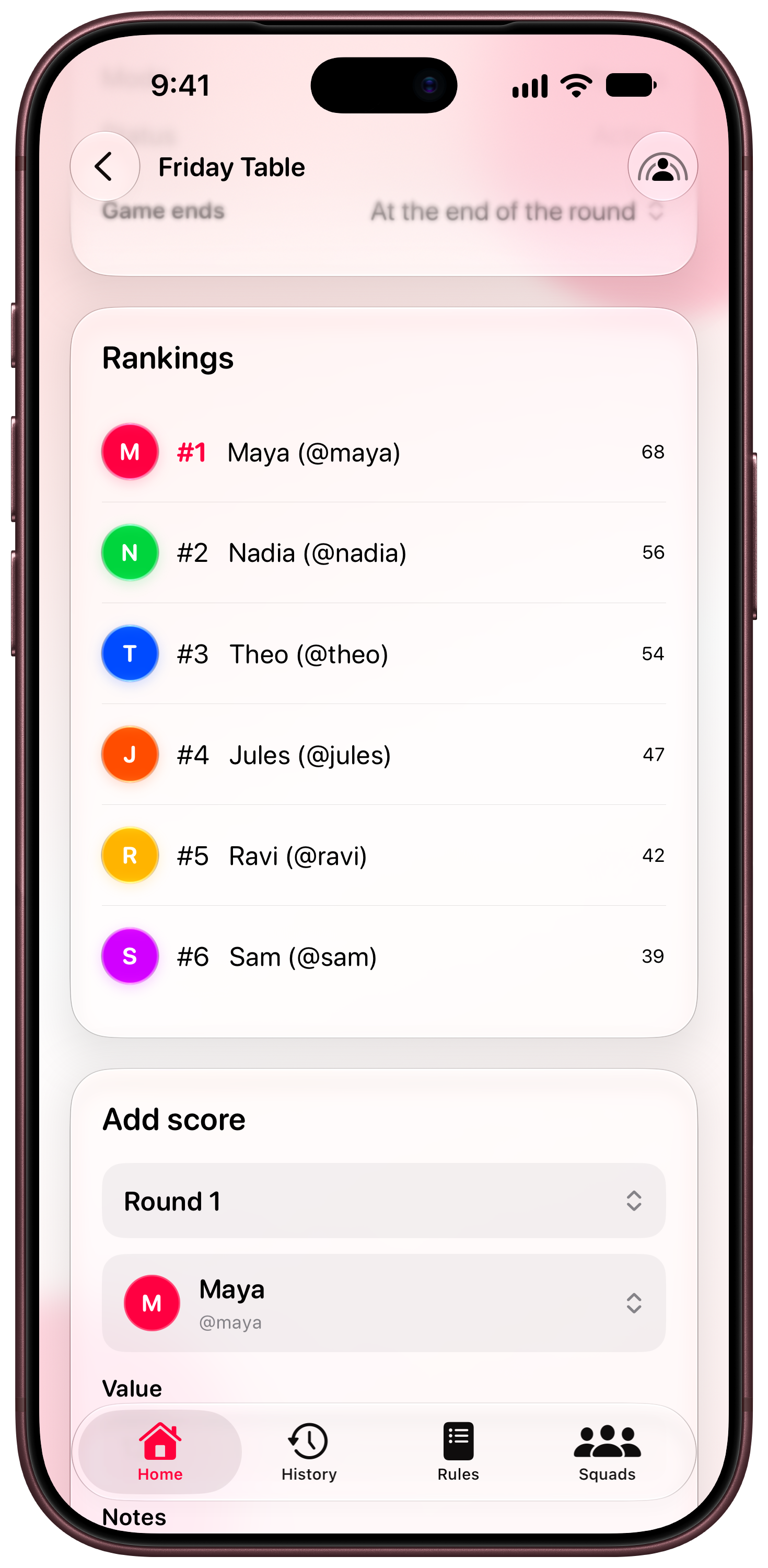 House Rules on iPhone 18 Pro Max showing Keep Score in the Pink tint, light appearance.