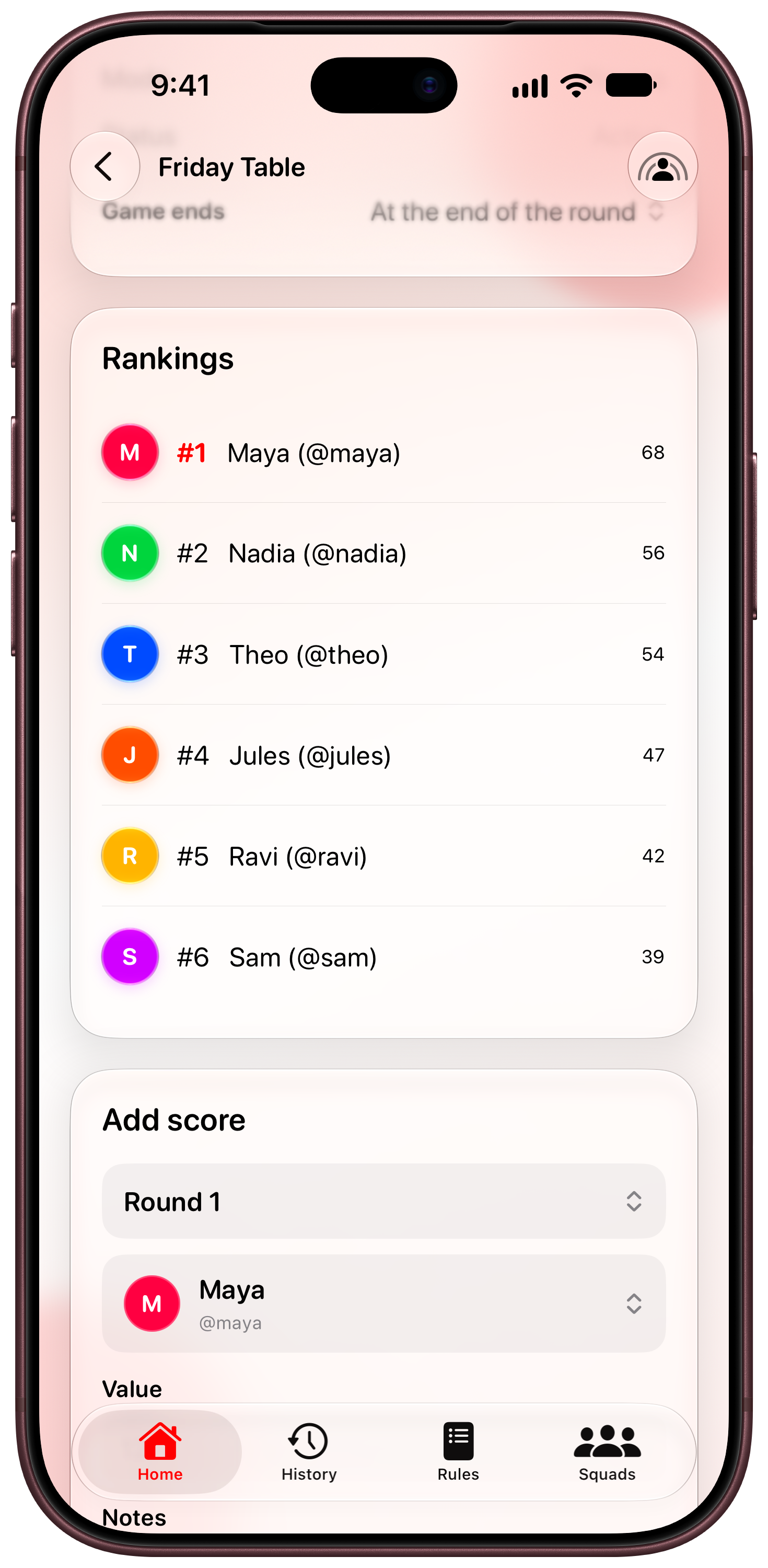 House Rules on iPhone 18 Pro Max showing Keep Score in the Red tint, light appearance.
