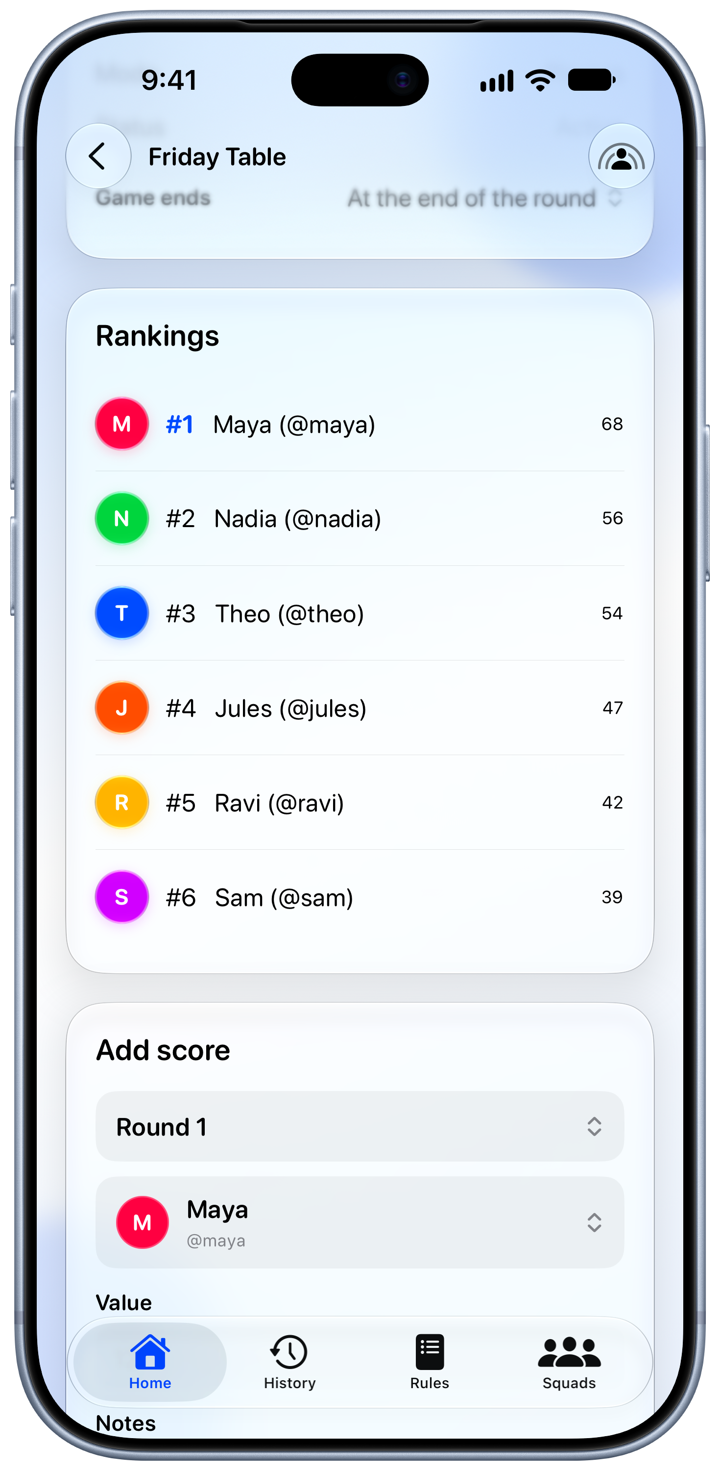 House Rules on iPhone 18 Pro Max showing Keep Score in the Blue tint, light appearance.