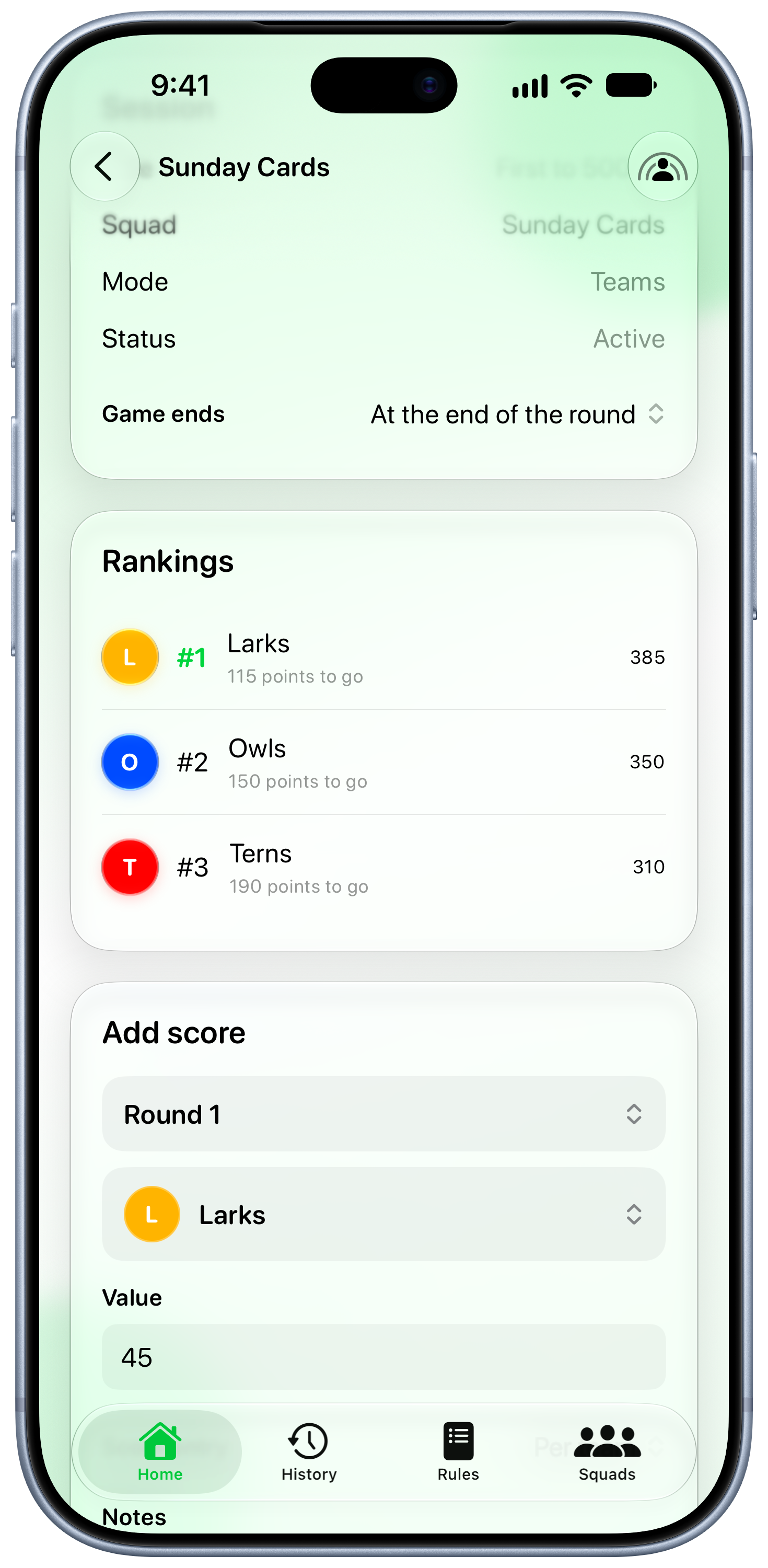 House Rules on iPhone 18 Pro Max showing Keep Score in the Green tint, light appearance.