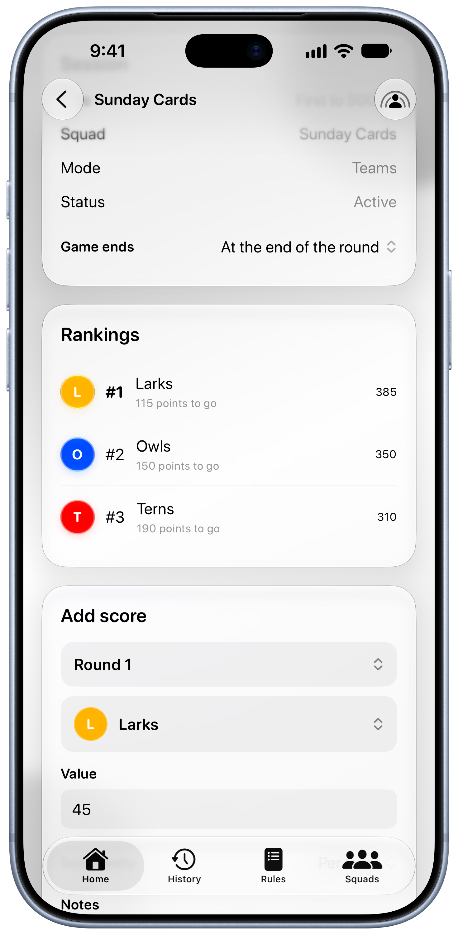 House Rules on iPhone 18 Pro Max showing Keep Score in the Grey tint, light appearance.