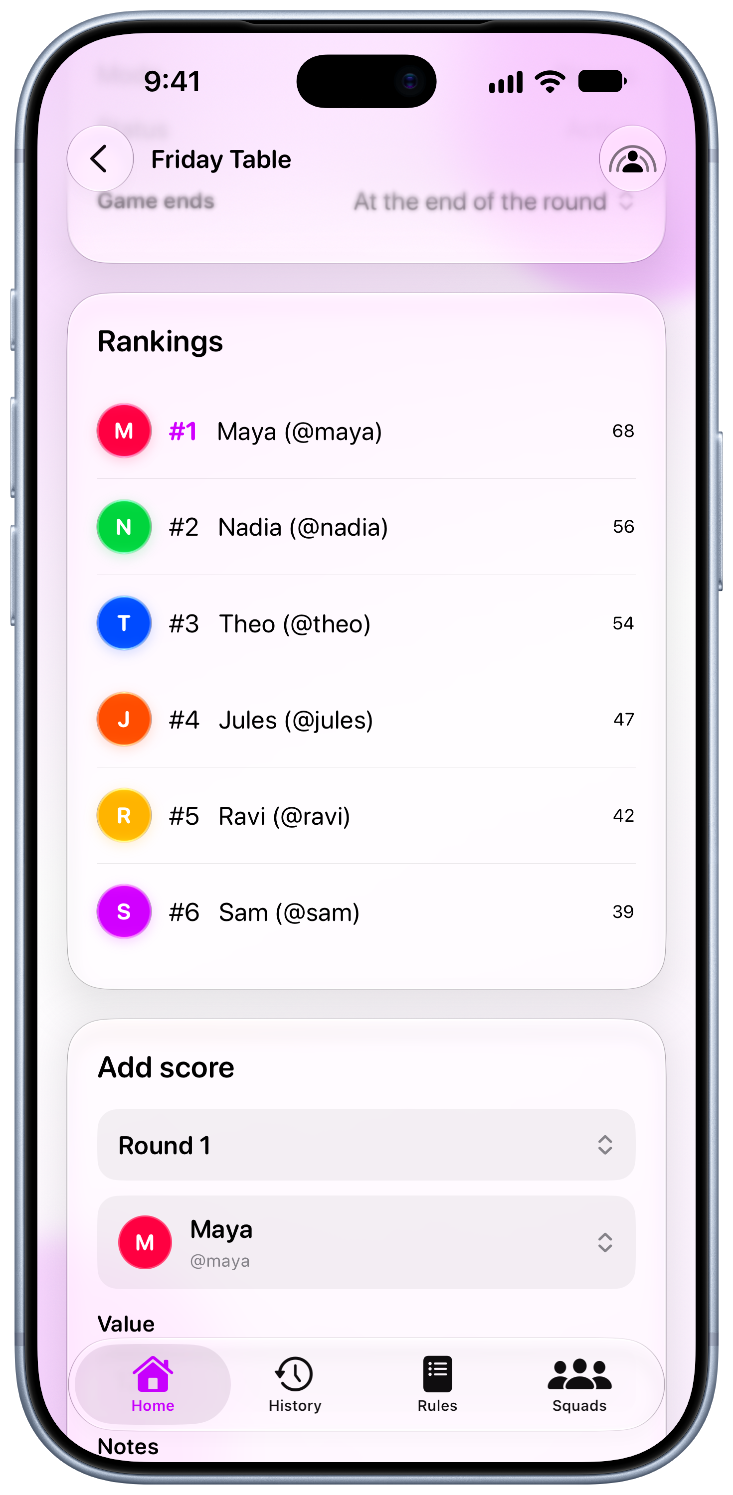 House Rules on iPhone 18 Pro Max showing Keep Score in the Purple tint, light appearance.