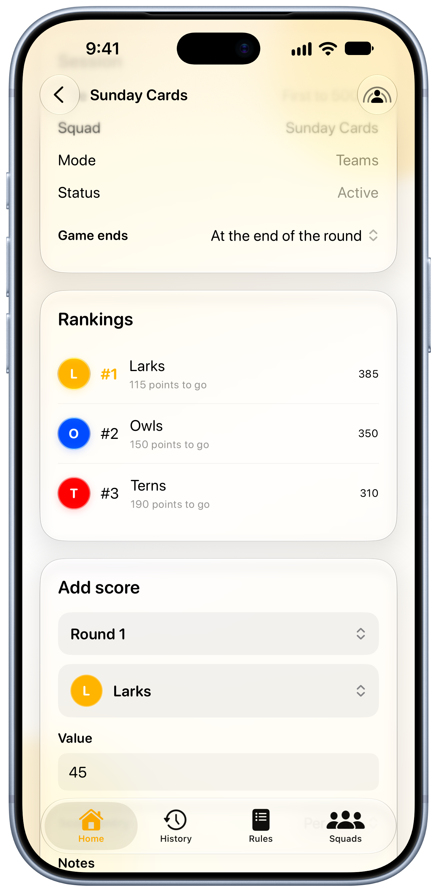 House Rules on iPhone 18 Pro Max showing Keep Score in the Yellow tint, light appearance.