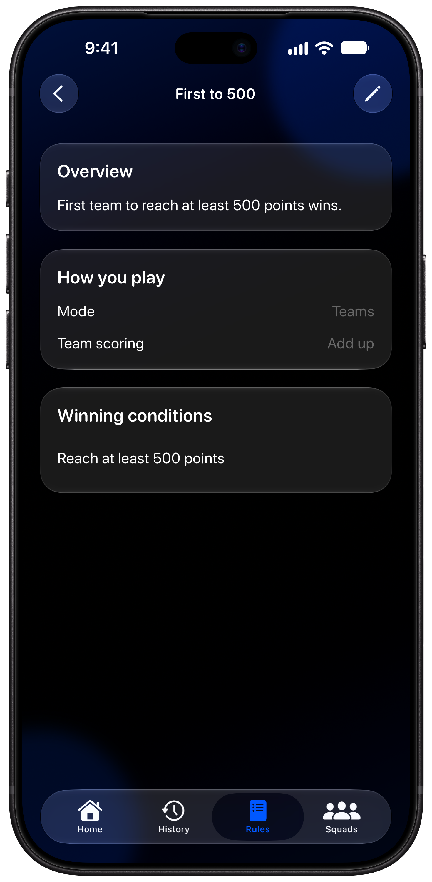 House Rules on iPhone 18 Pro Max showing Your Rules in the Blue tint, dark appearance.