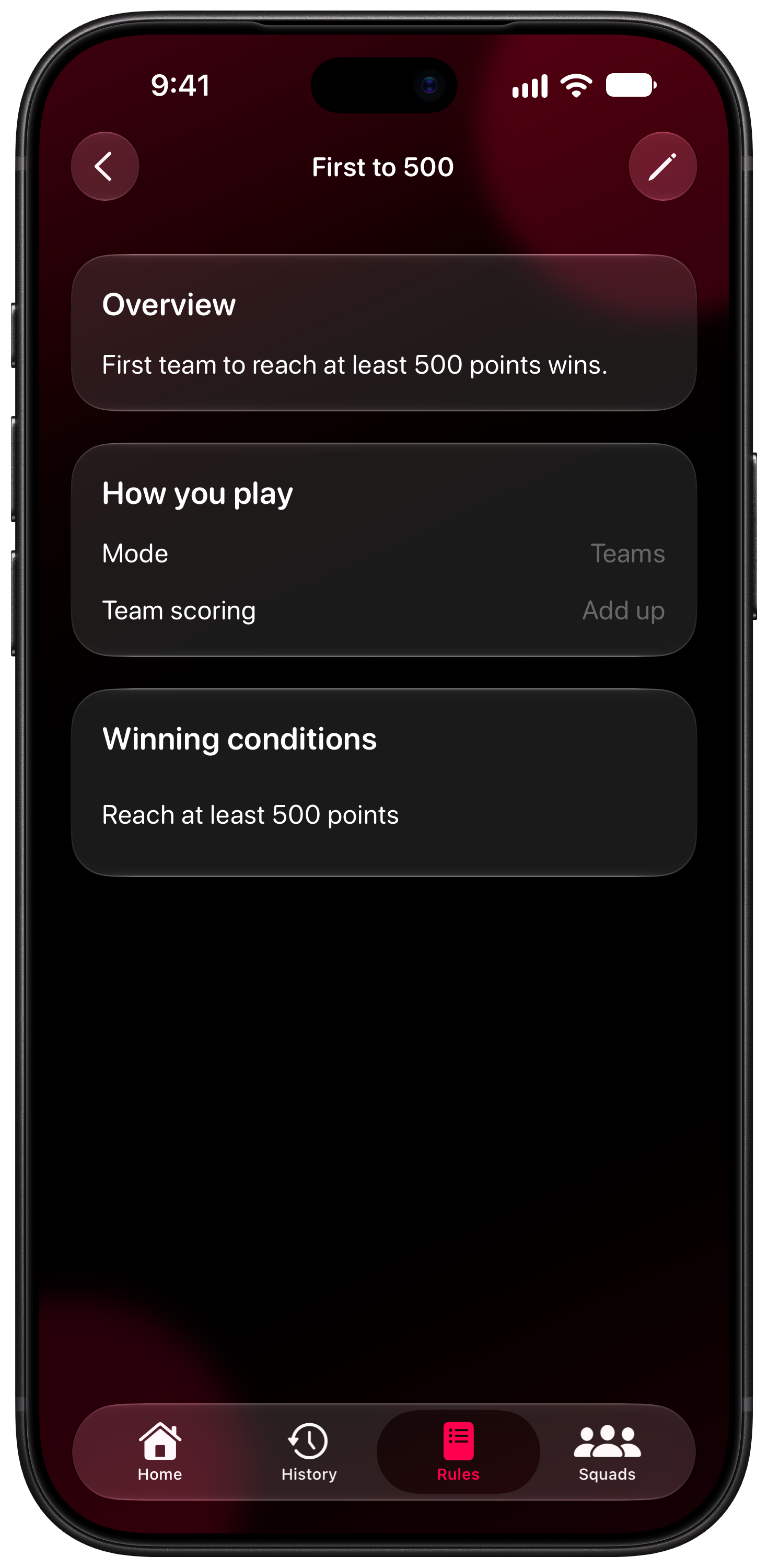 House Rules on iPhone 18 Pro Max showing Your Rules in the Pink tint, dark appearance.