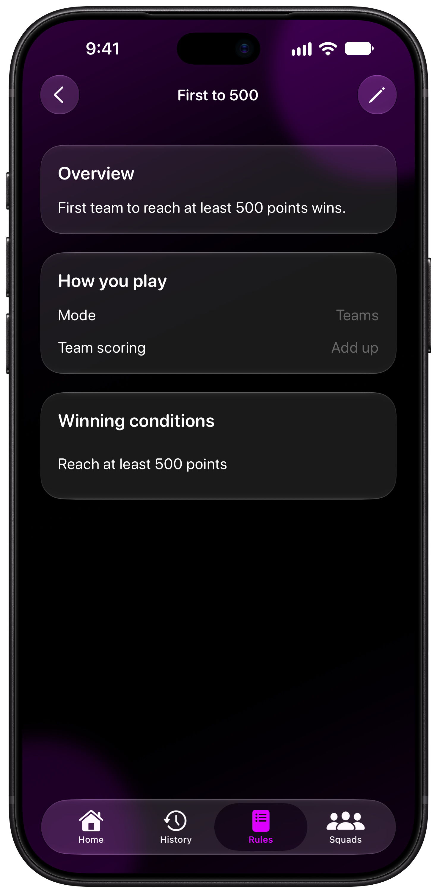 House Rules on iPhone 18 Pro Max showing Your Rules in the Purple tint, dark appearance.