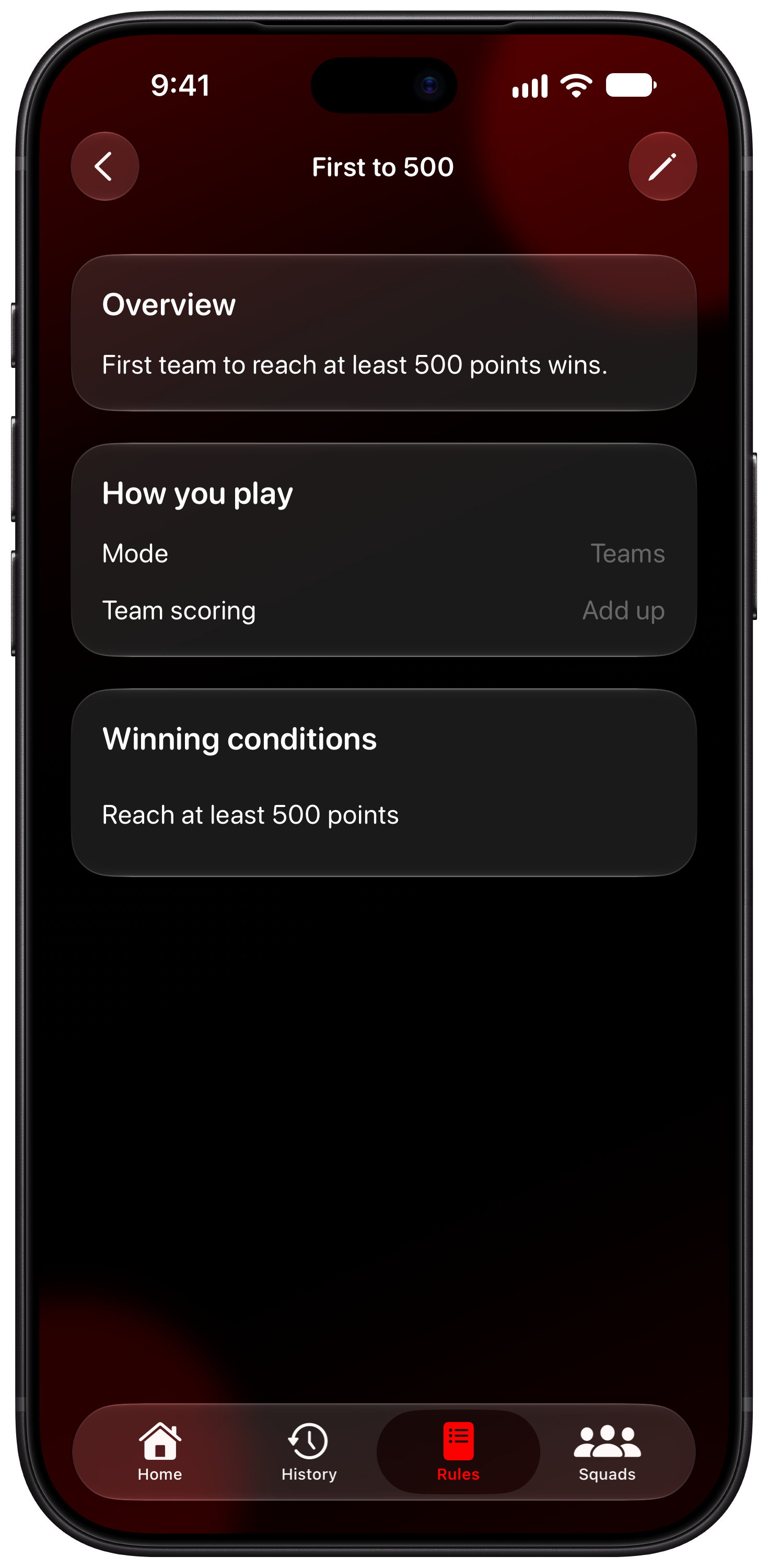 House Rules on iPhone 18 Pro Max showing Your Rules in the Red tint, dark appearance.