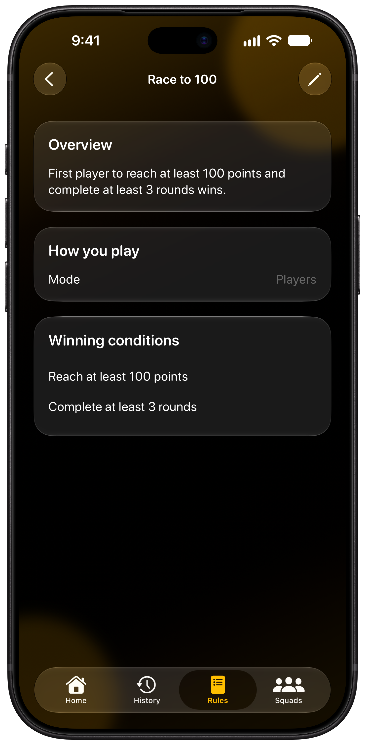 House Rules on iPhone 18 Pro Max showing Your Rules in the Yellow tint, dark appearance.