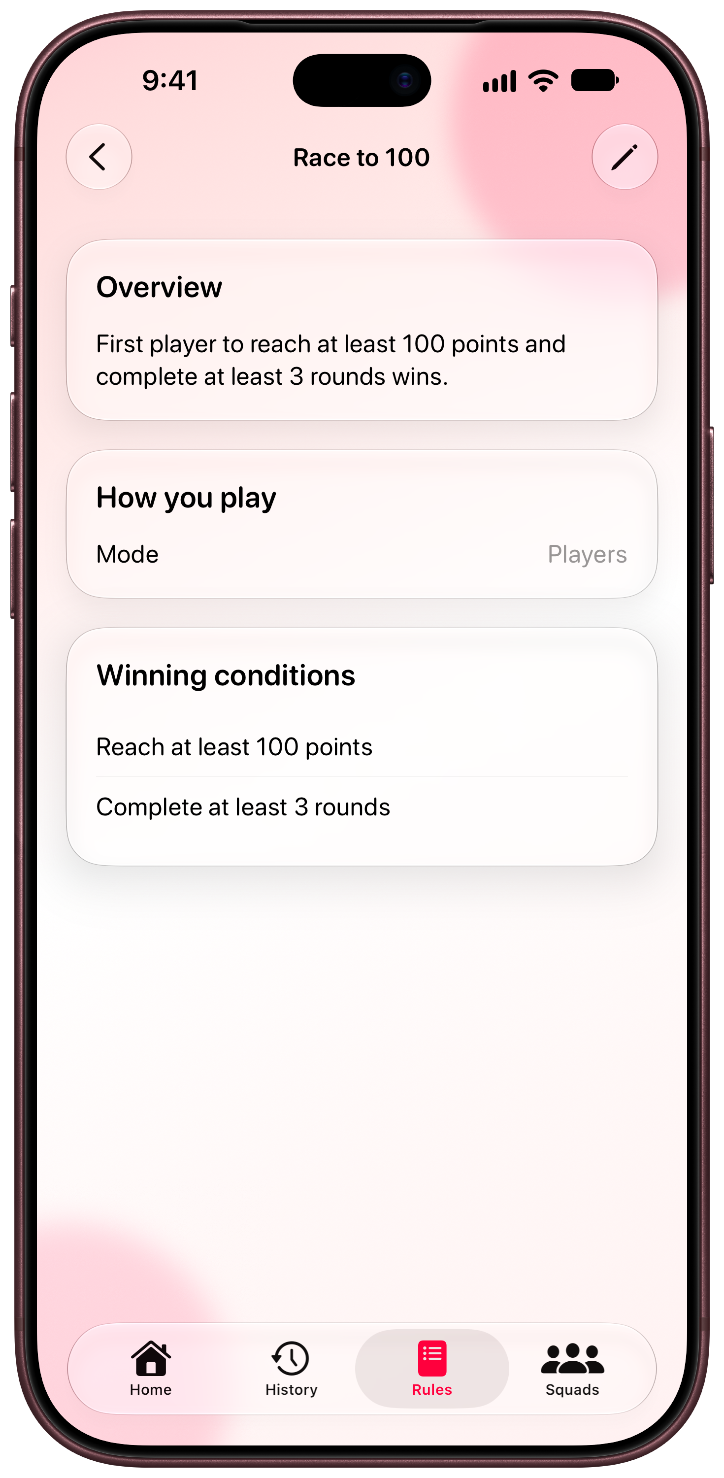 House Rules on iPhone 18 Pro Max showing Your Rules in the Pink tint, light appearance.