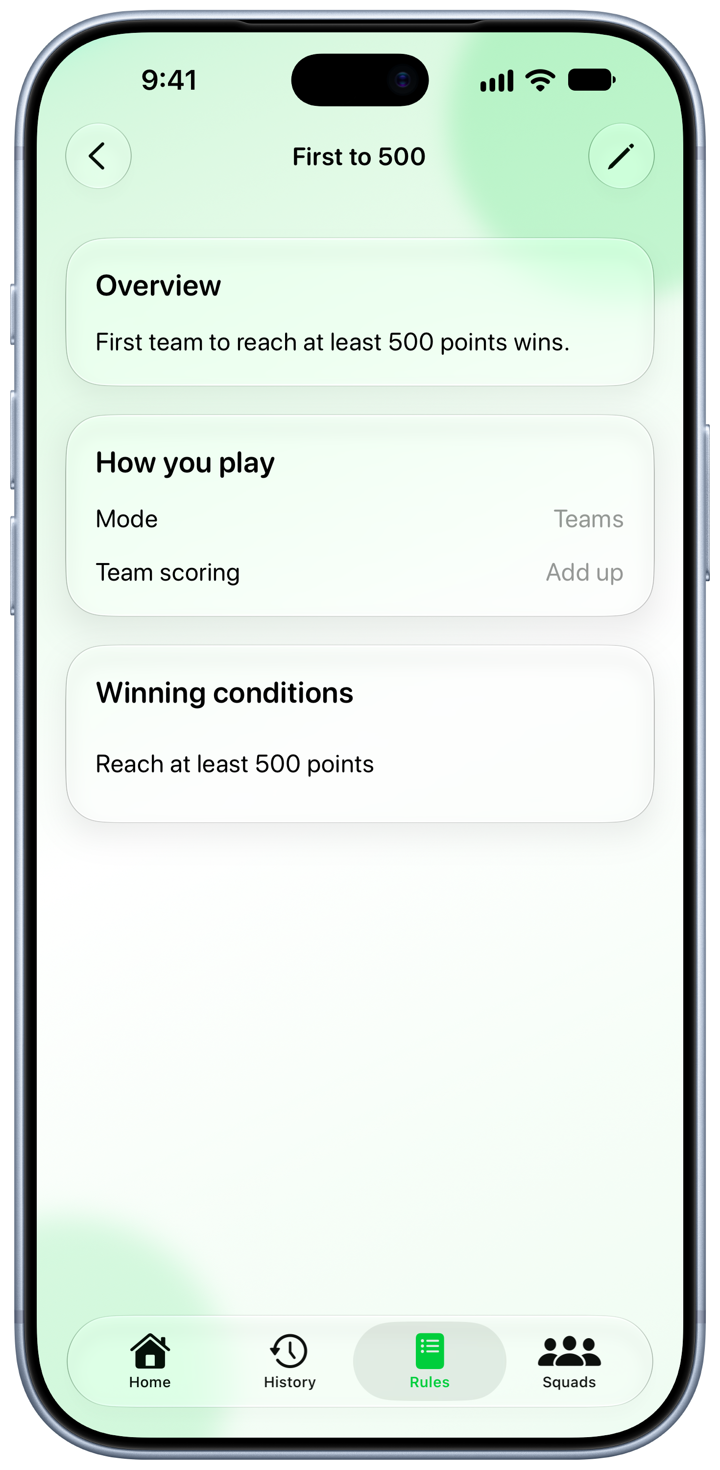 House Rules on iPhone 18 Pro Max showing Your Rules in the Green tint, light appearance.