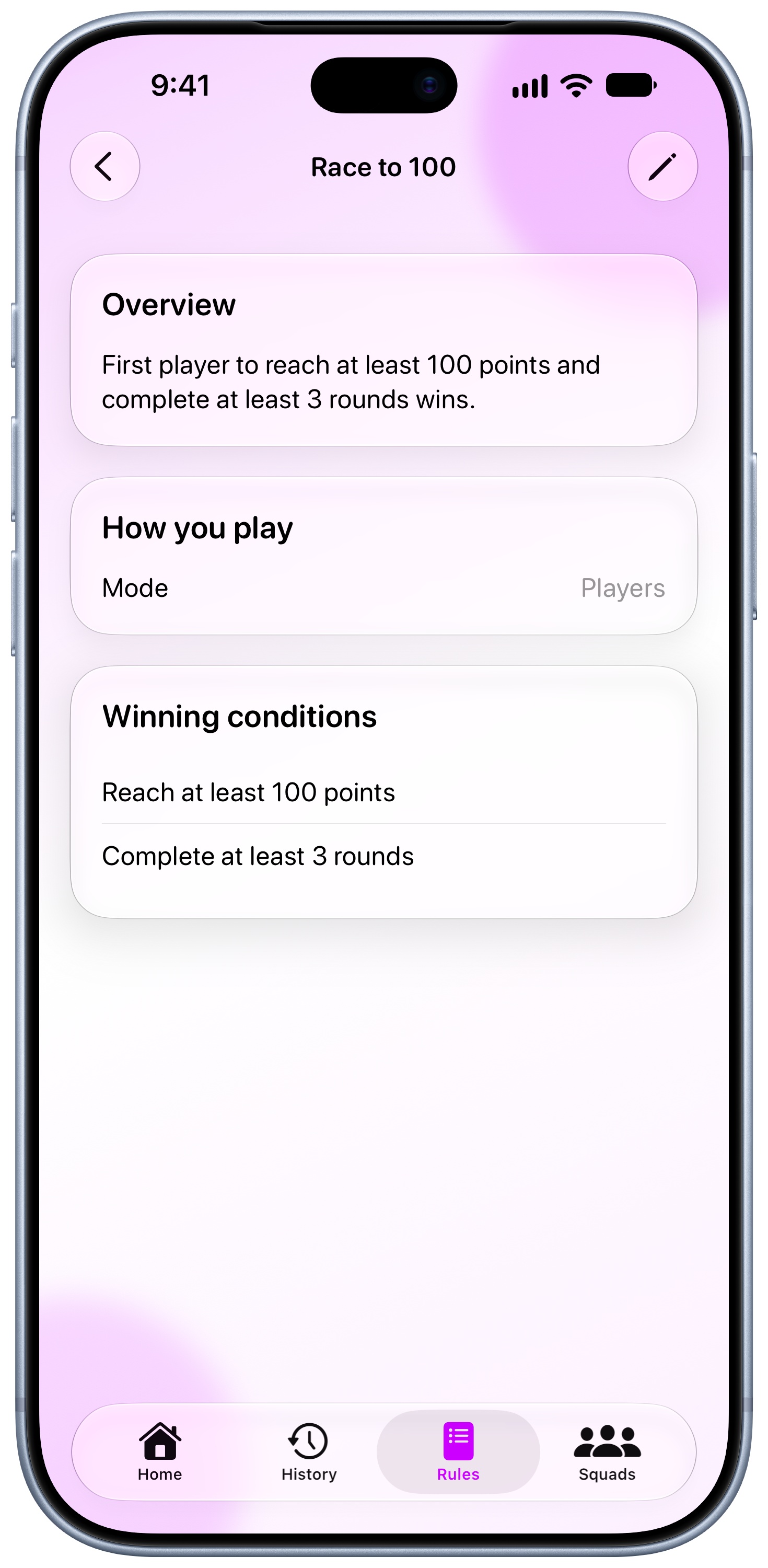 House Rules on iPhone 18 Pro Max showing Your Rules in the Purple tint, light appearance.
