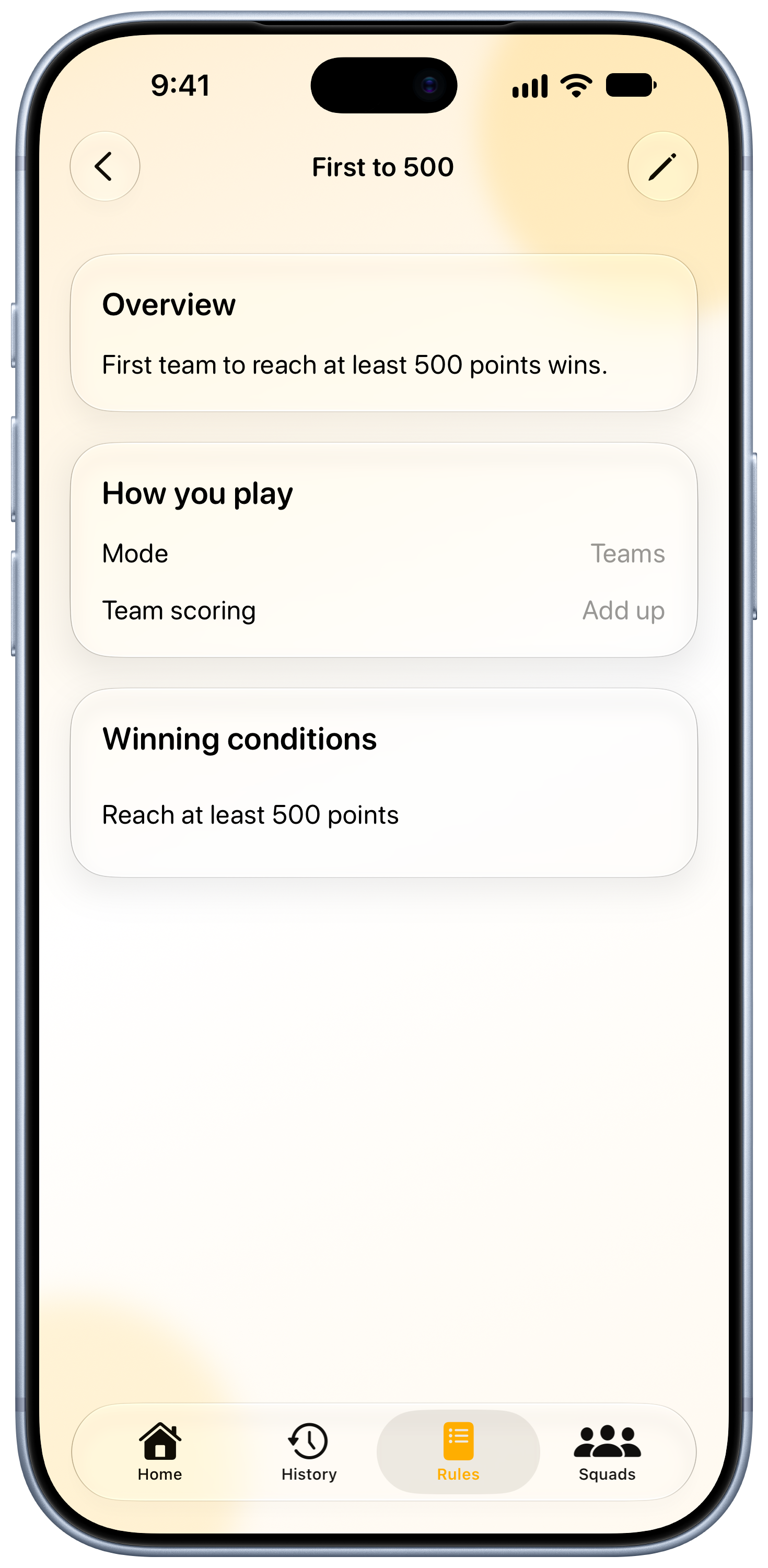 House Rules on iPhone 18 Pro Max showing Your Rules in the Yellow tint, light appearance.