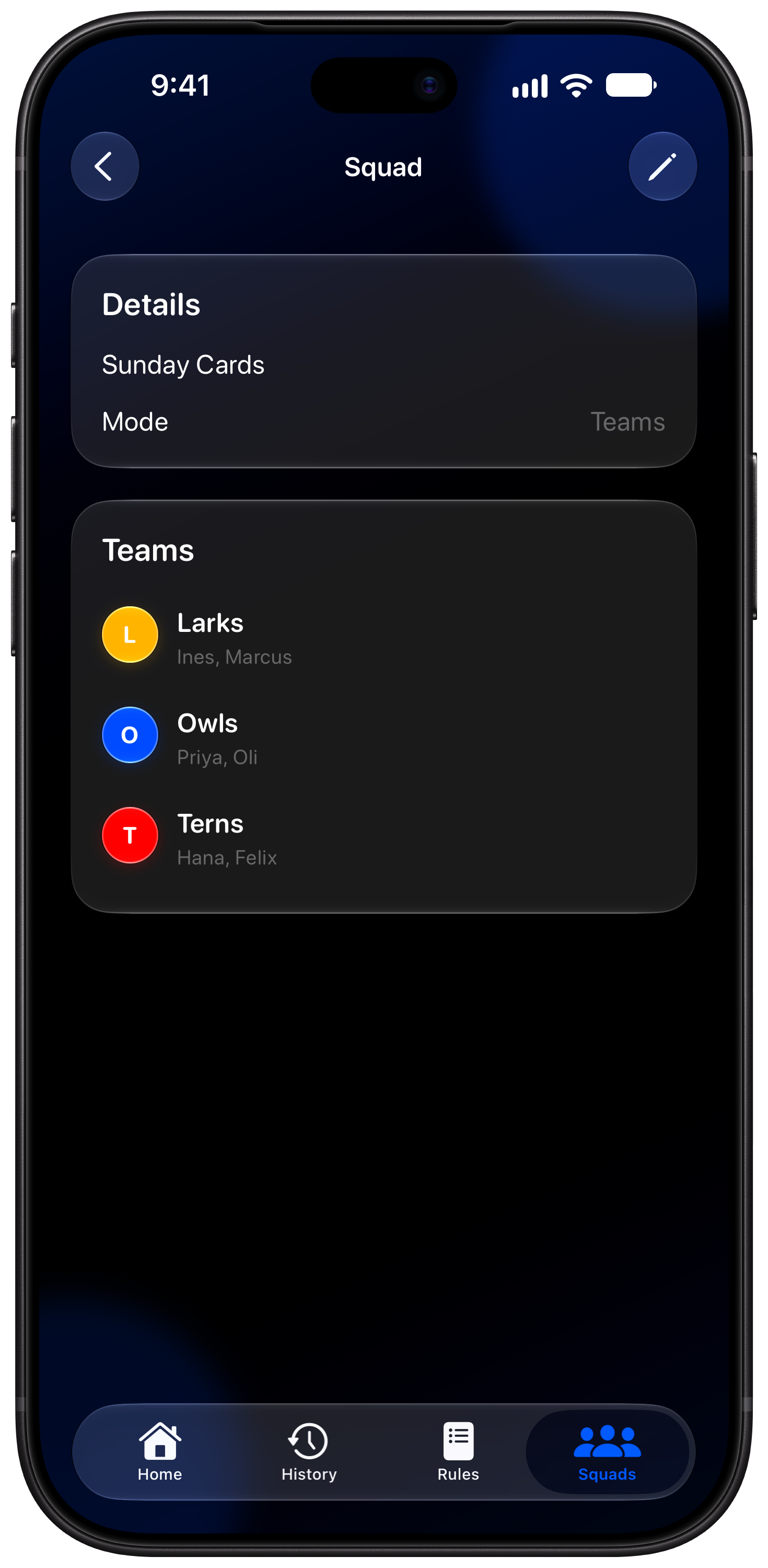 House Rules on iPhone 18 Pro Max showing Your Squad in the Blue tint, dark appearance.
