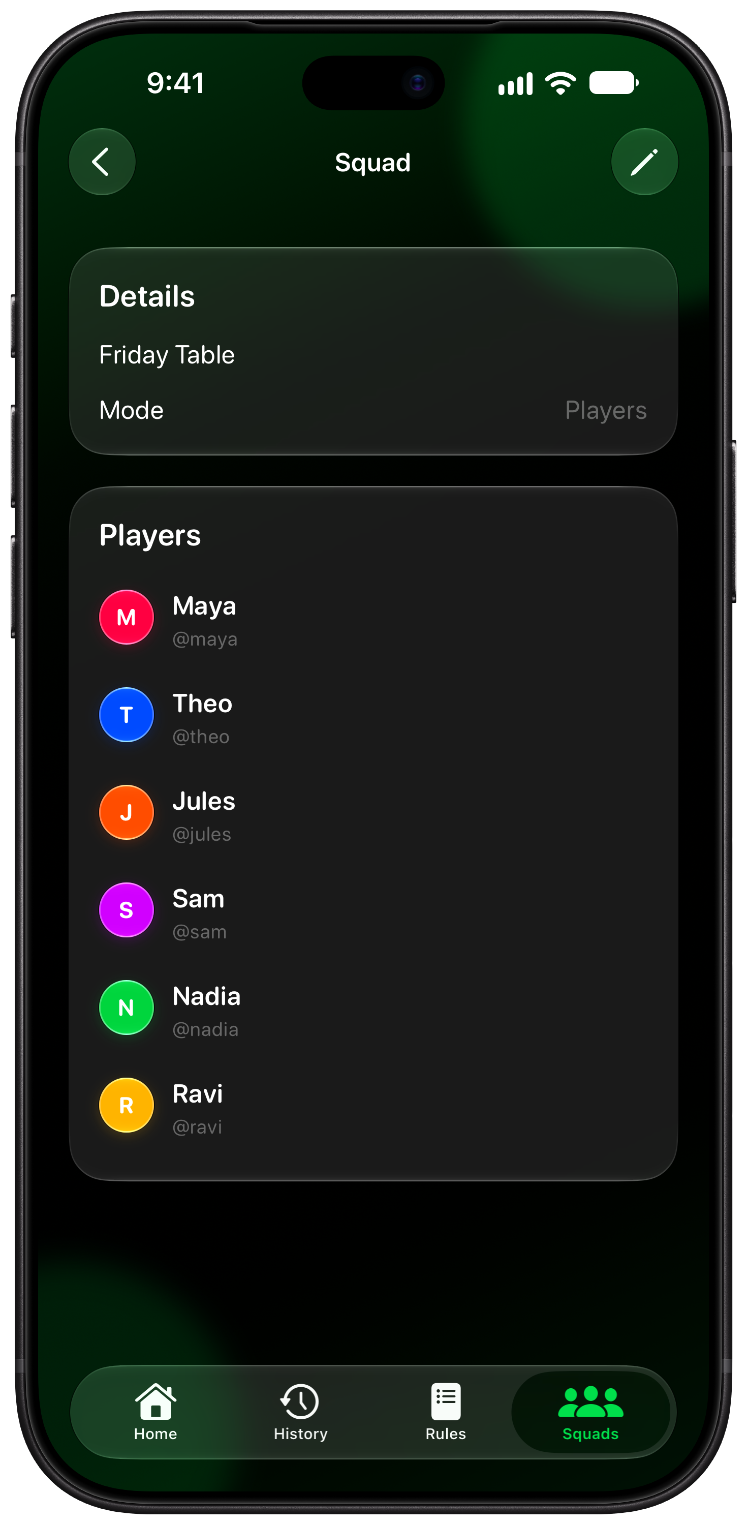 House Rules on iPhone 18 Pro Max showing Your Squad in the Green tint, dark appearance.