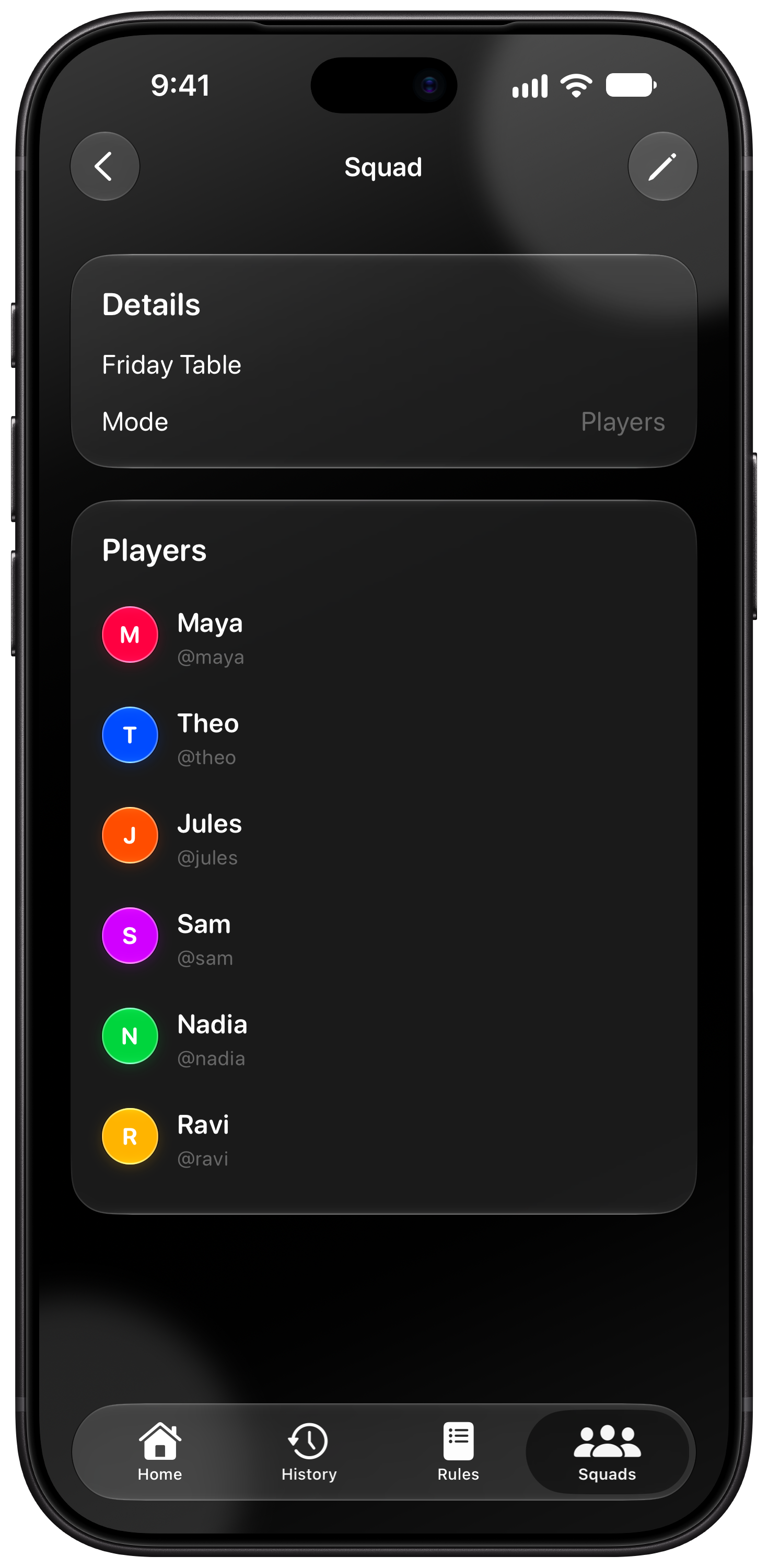 House Rules on iPhone 18 Pro Max showing Your Squad in the Grey tint, dark appearance.