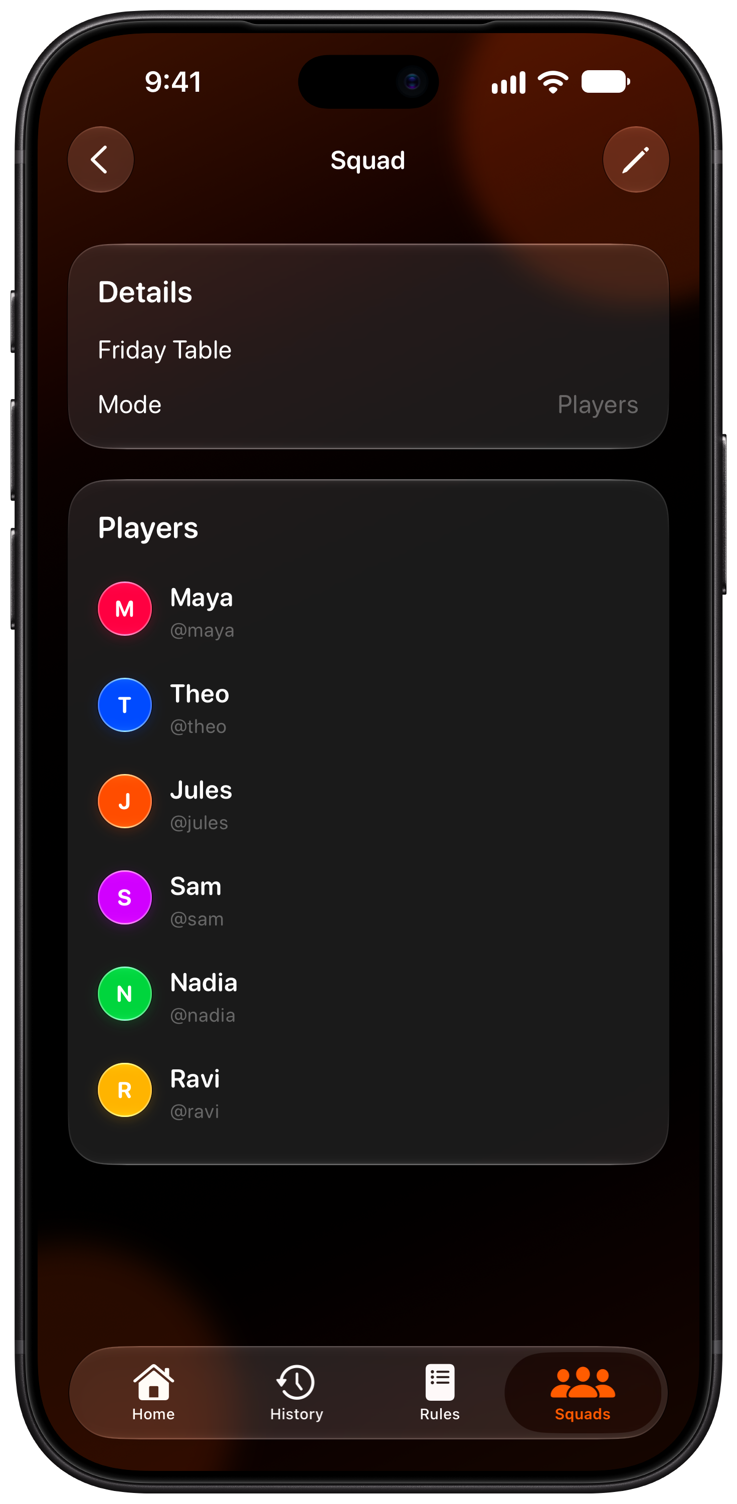 House Rules on iPhone 18 Pro Max showing Your Squad in the Orange tint, dark appearance.