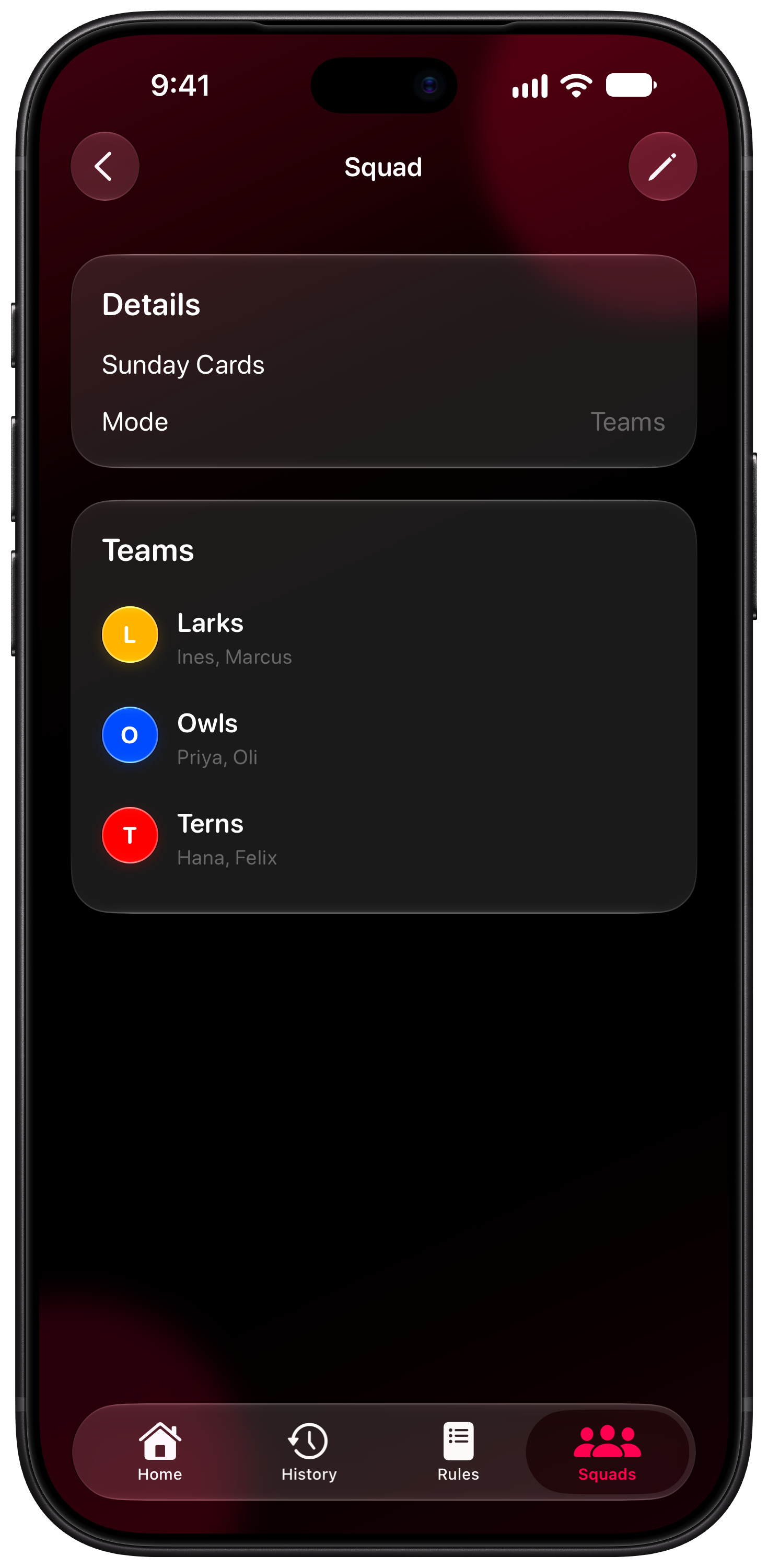 House Rules on iPhone 18 Pro Max showing Your Squad in the Pink tint, dark appearance.