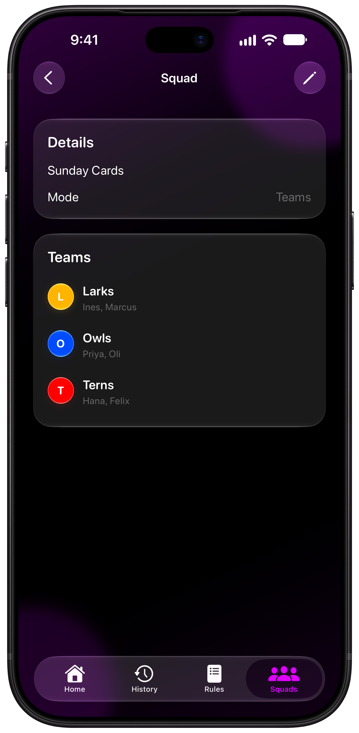 House Rules on iPhone 18 Pro Max showing Your Squad in the Purple tint, dark appearance.