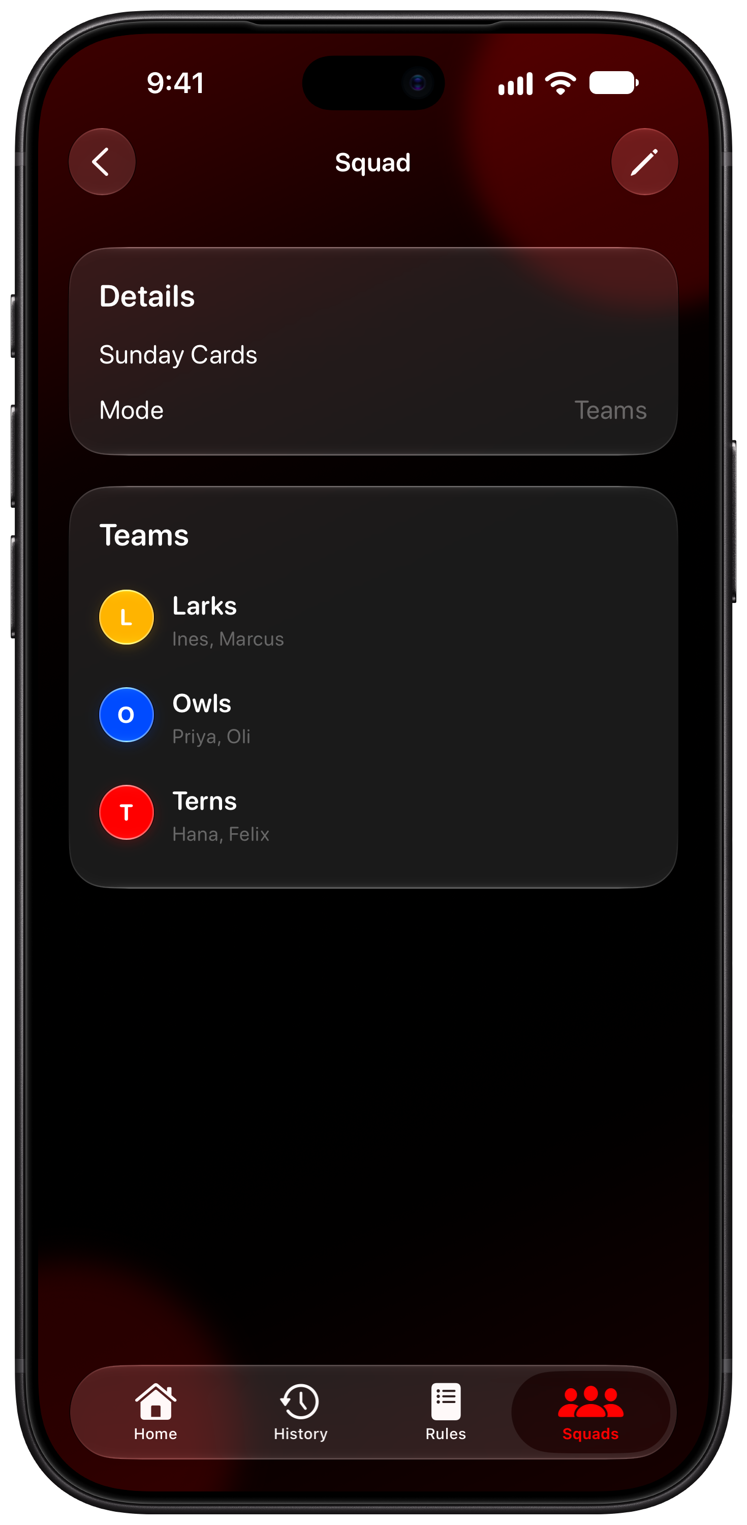 House Rules on iPhone 18 Pro Max showing Your Squad in the Red tint, dark appearance.