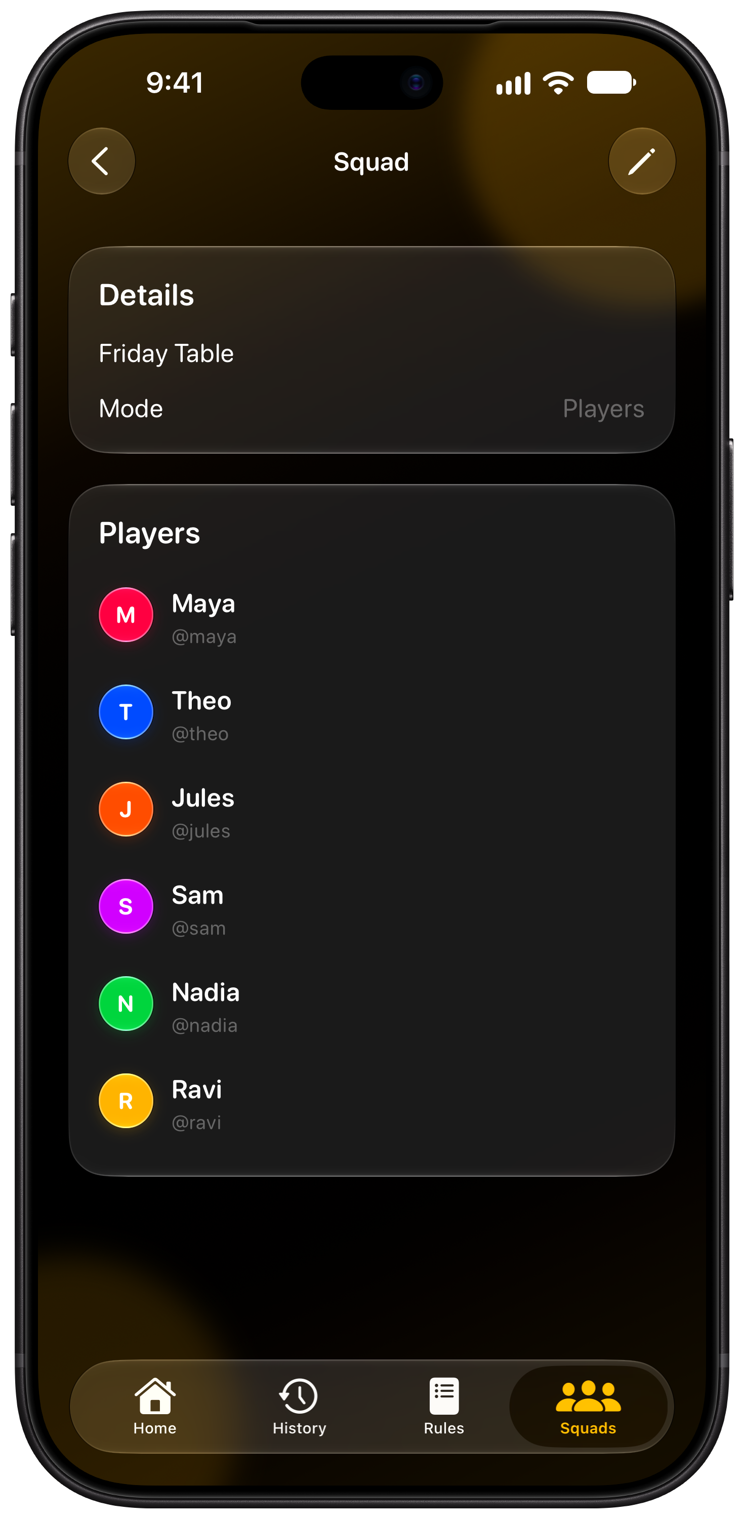 House Rules on iPhone 18 Pro Max showing Your Squad in the Yellow tint, dark appearance.