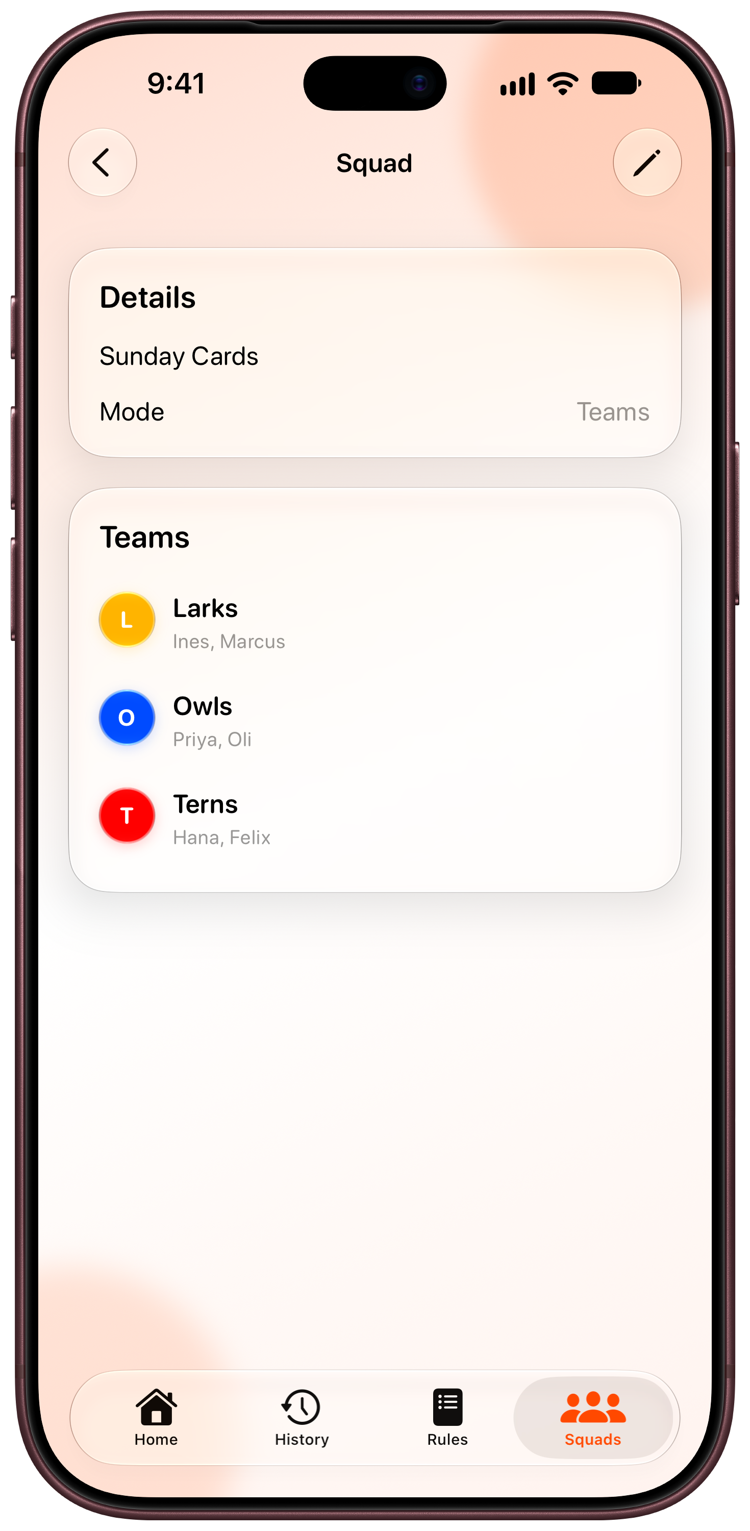 House Rules on iPhone 18 Pro Max showing Your Squad in the Orange tint, light appearance.