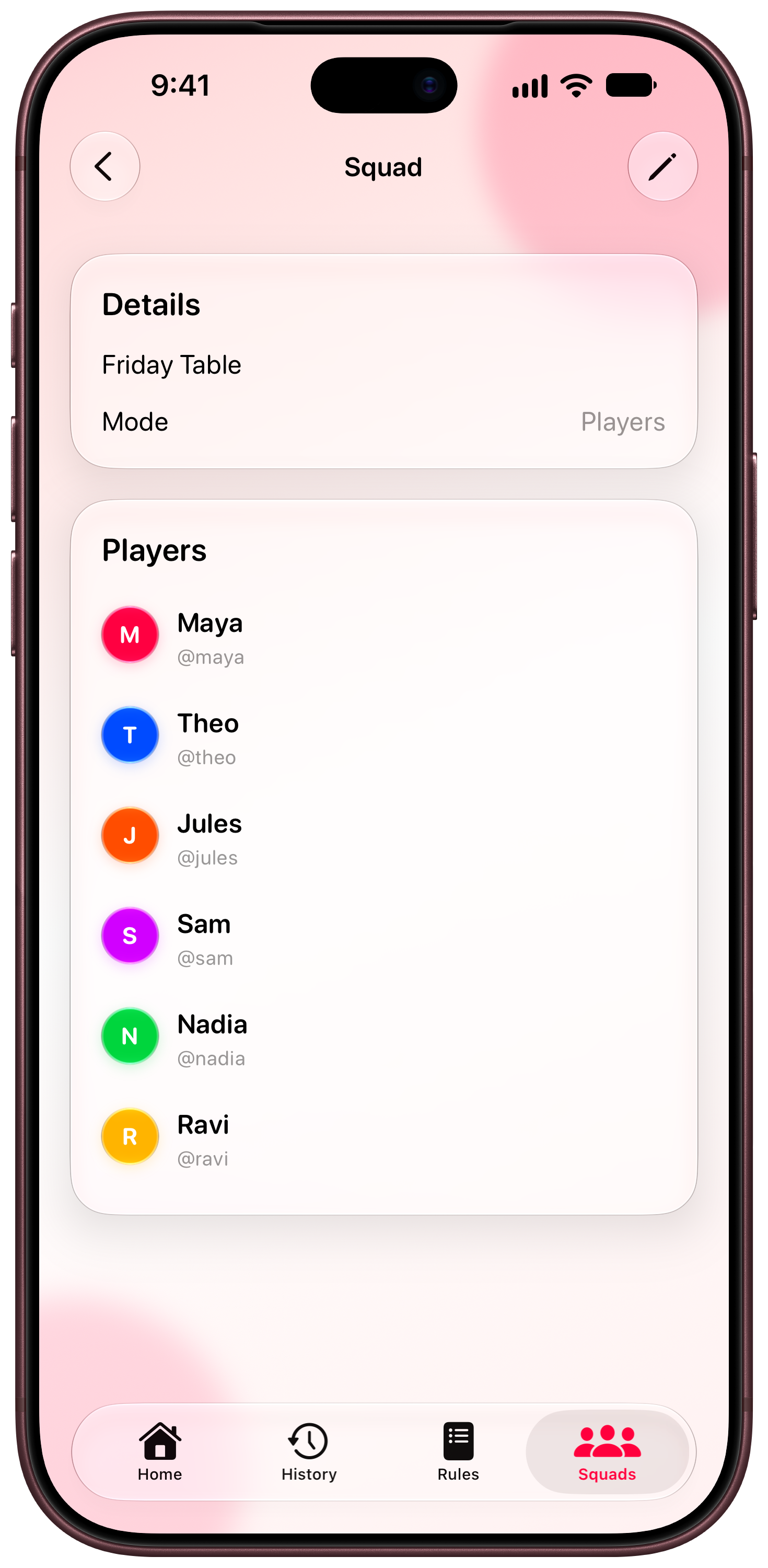 House Rules on iPhone 18 Pro Max showing Your Squad in the Pink tint, light appearance.