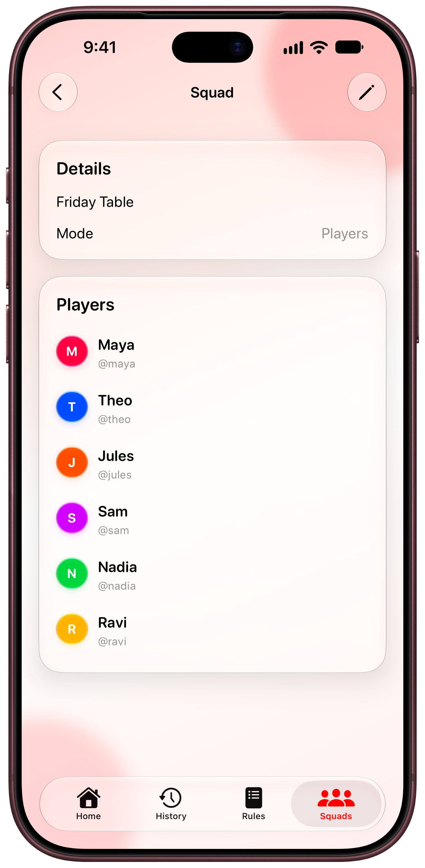 House Rules on iPhone 18 Pro Max showing Your Squad in the Red tint, light appearance.