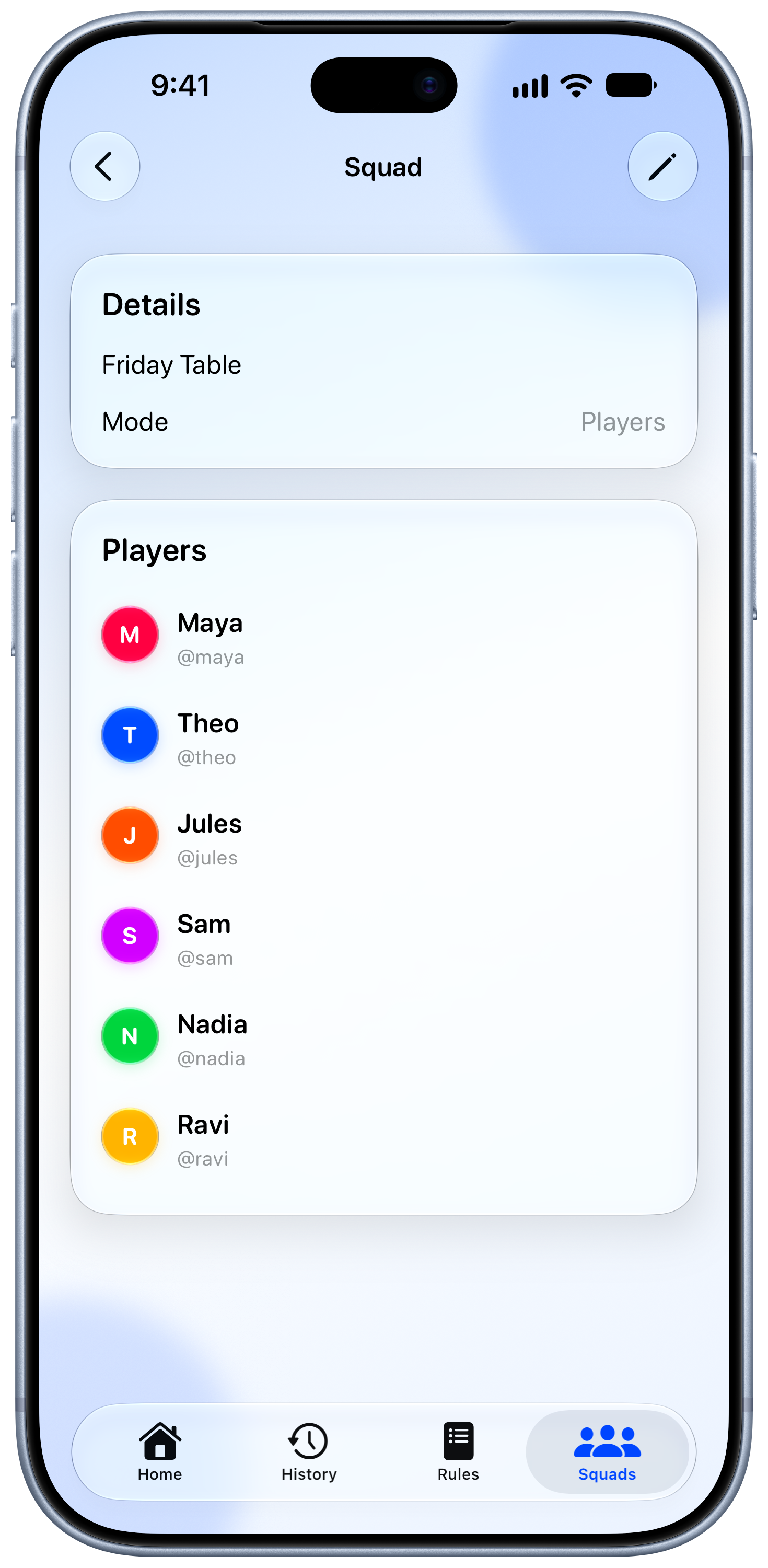 House Rules on iPhone 18 Pro Max showing Your Squad in the Blue tint, light appearance.