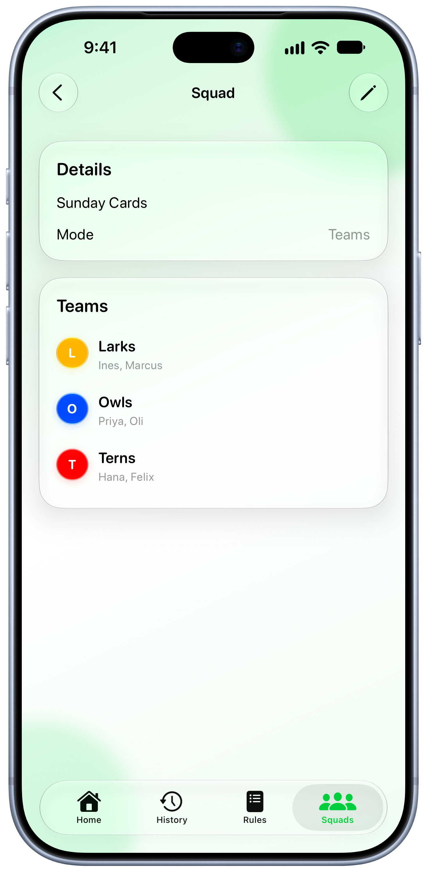 House Rules on iPhone 18 Pro Max showing Your Squad in the Green tint, light appearance.